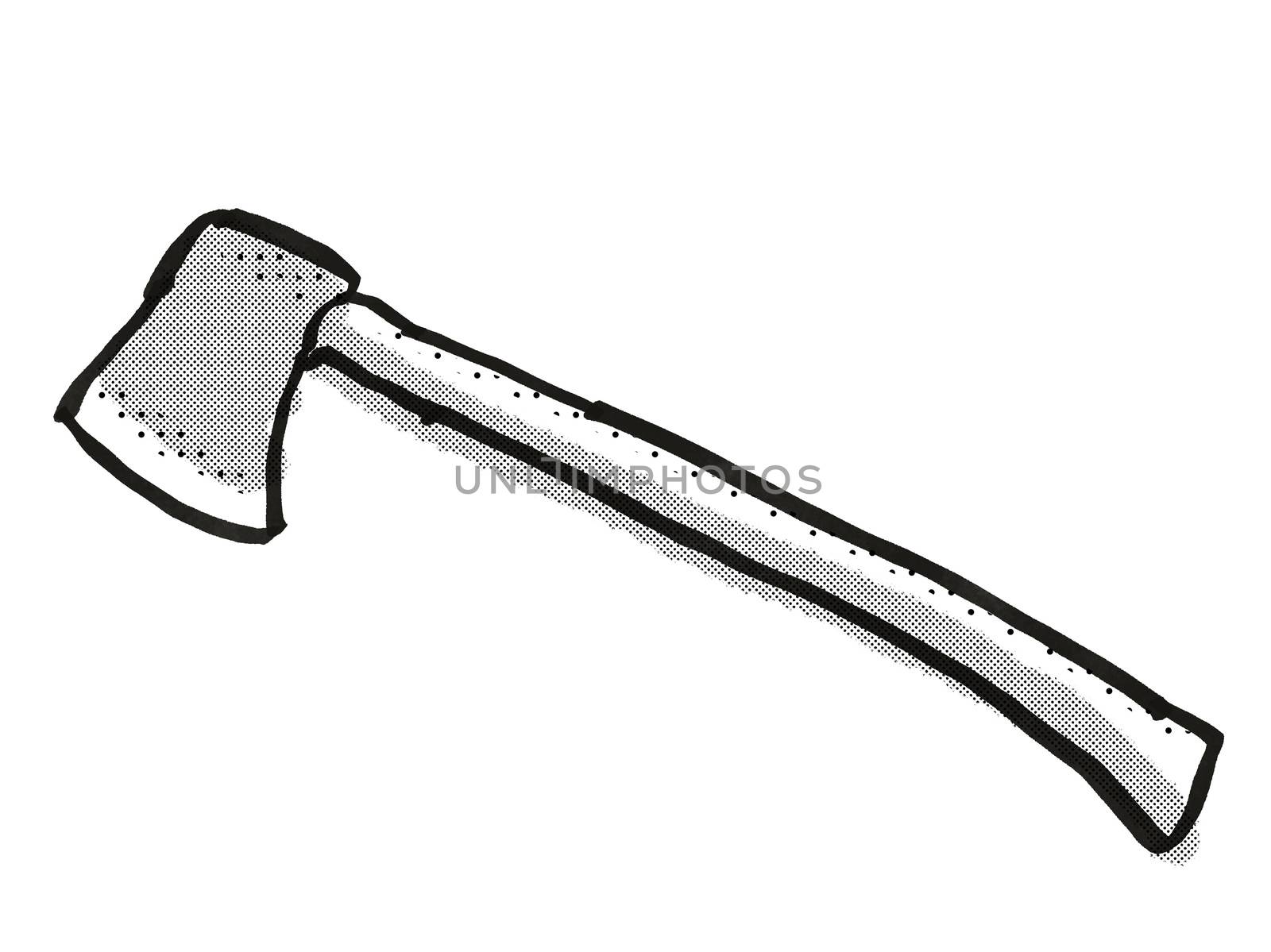 Retro cartoon style drawing of a splitting axe, a garden or gardening tool equipment on isolated white background done in black and white