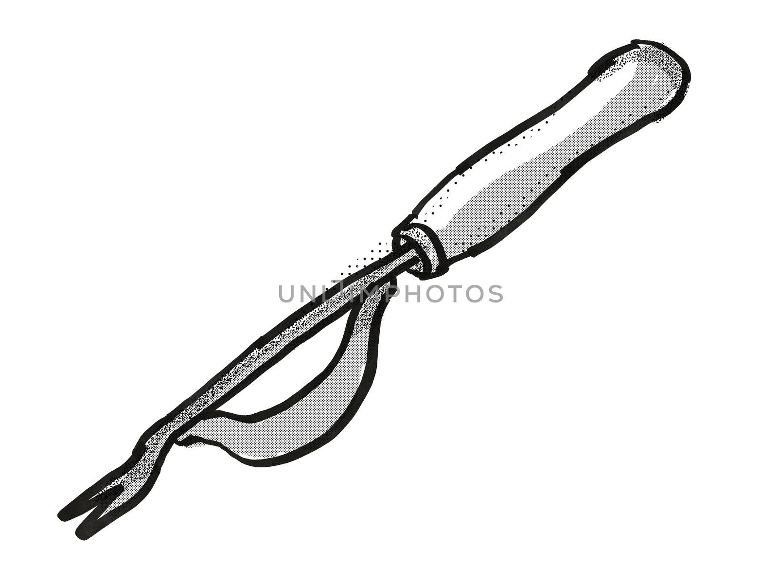 Retro cartoon style drawing of a hand weeder , a garden or gardening tool equipment on isolated white background done in black and white