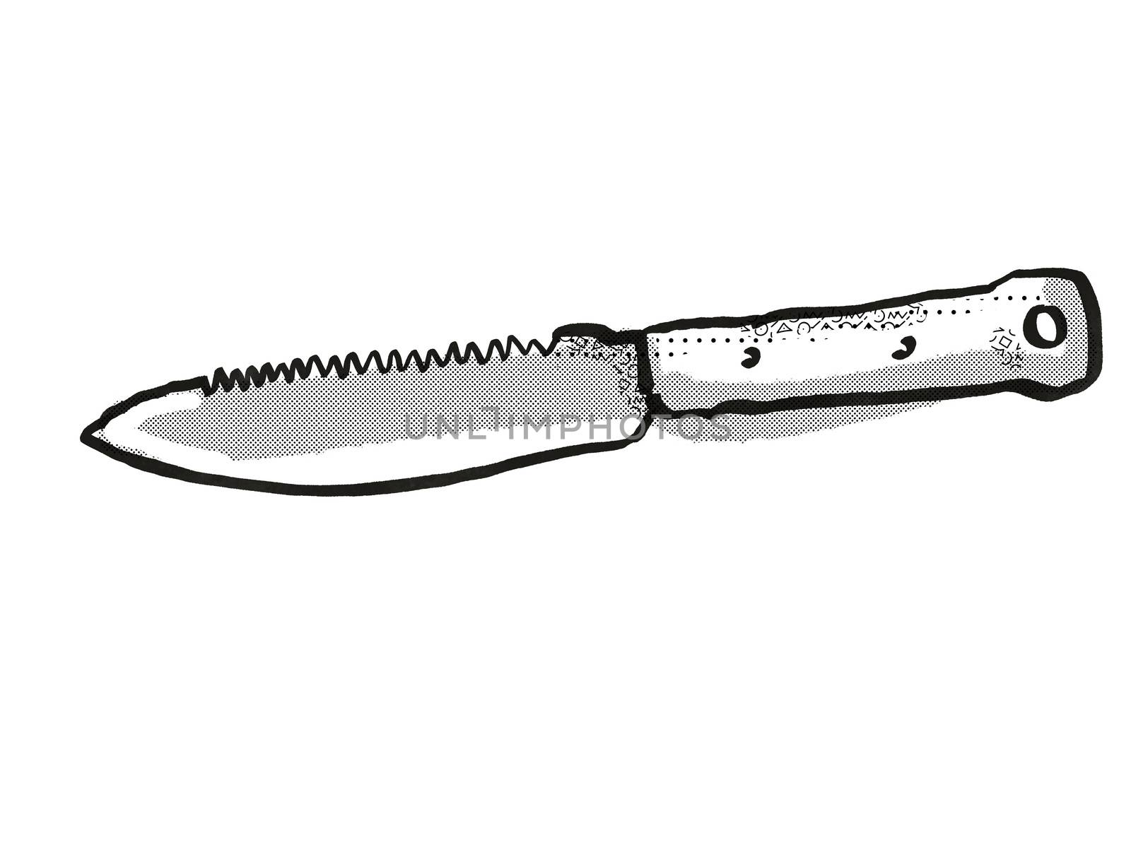 Retro cartoon style drawing of a garden farmers dagger or garden knife , a garden or gardening tool equipment on isolated white background done in black and white