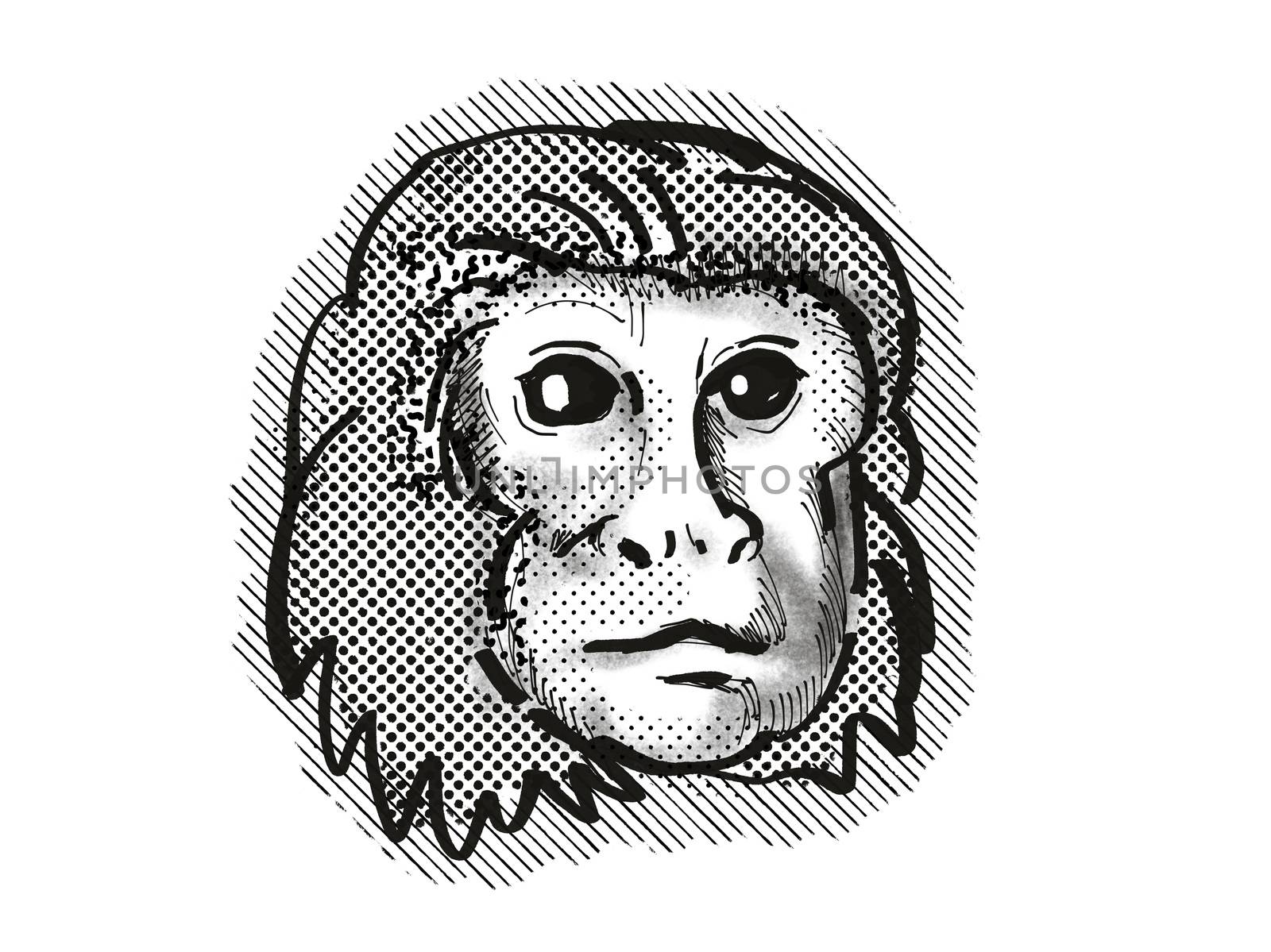 Retro cartoon style drawing head of a Golden Lion Tamarin , a monkey species viewed from front on isolated white background done in black and white