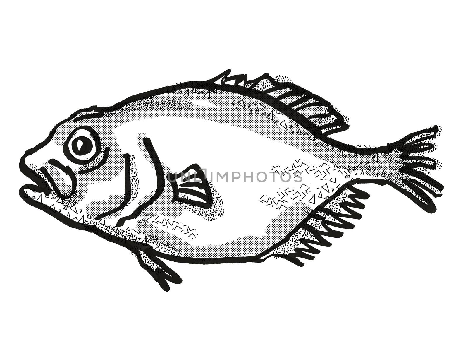 Retro cartoon style drawing of an orange roughy, a native New Zealand marine life species viewed from side on isolated white background done in black and white