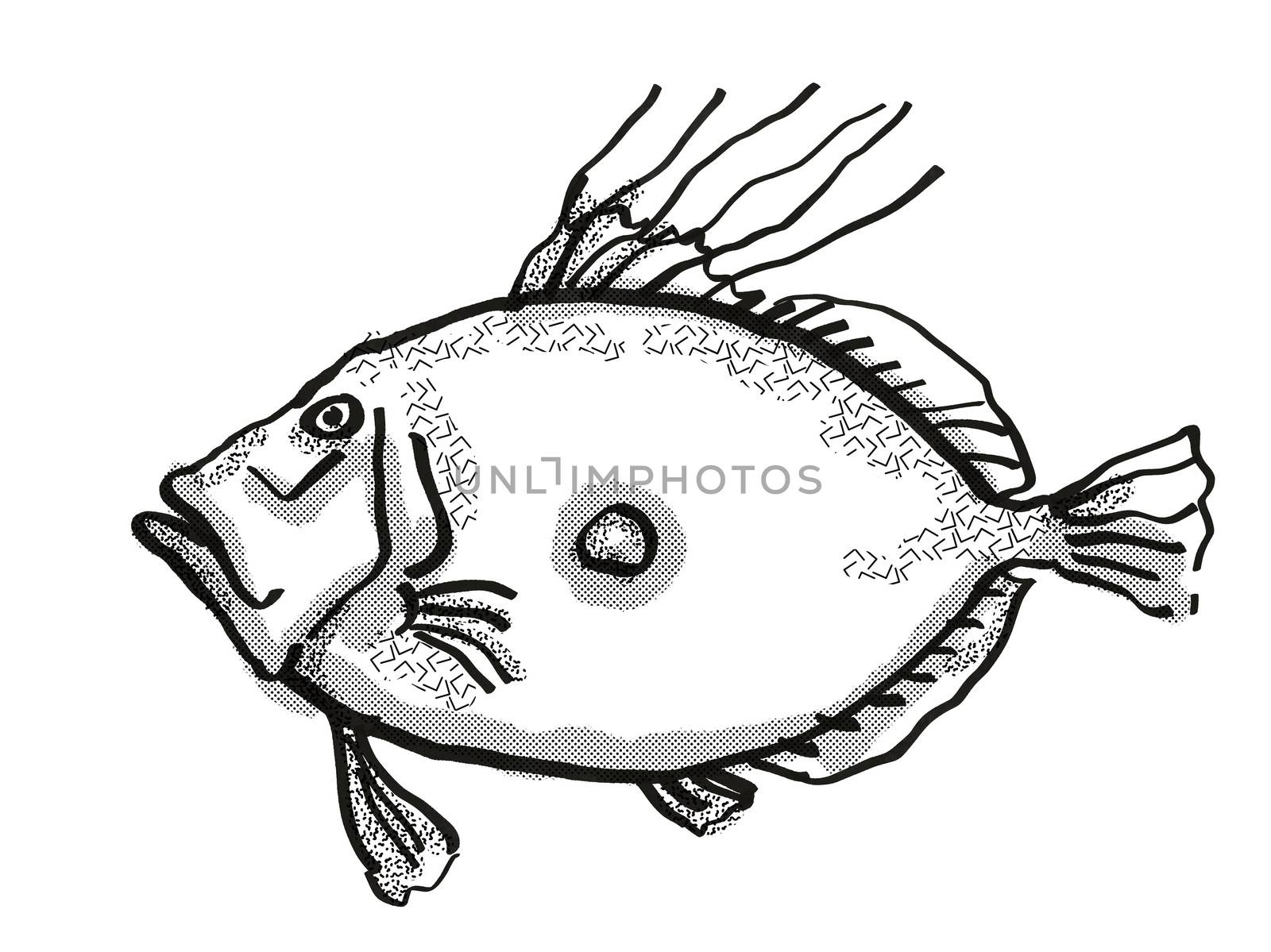 Retro cartoon style drawing of a King Dory, a native New Zealand marine life species viewed from side on isolated white background done in black and white
