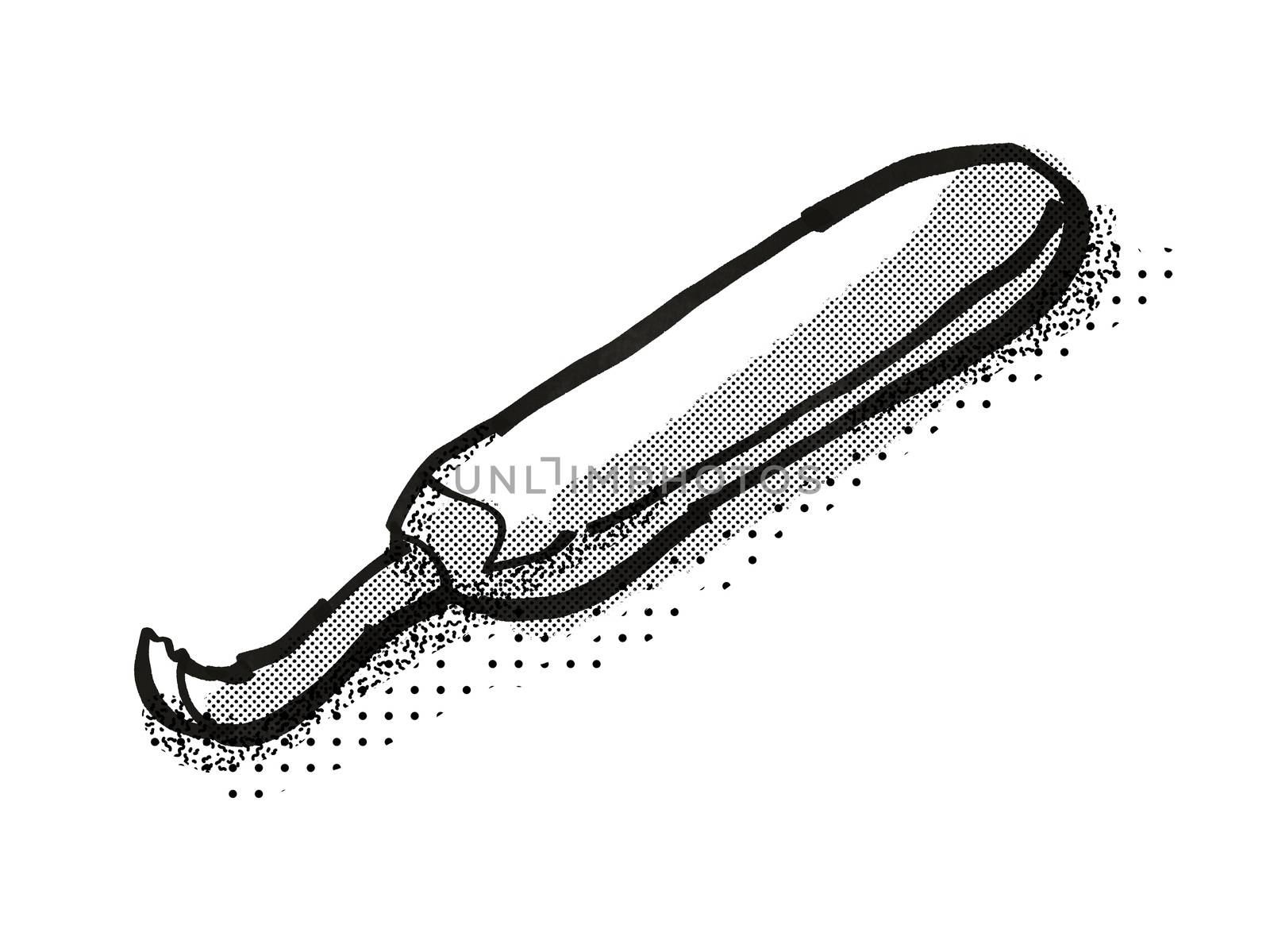 Retro cartoon style drawing of a hook knife, crook knife or spoon carving knife , a woodworking hand tool  on isolated white background done in black and white