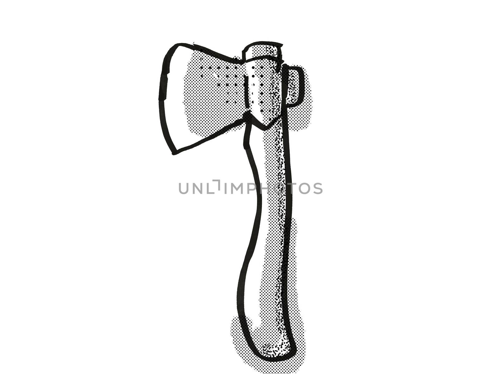 Retro cartoon style drawing of a hatchet , a woodworking hand tool  on isolated white background done in black and white