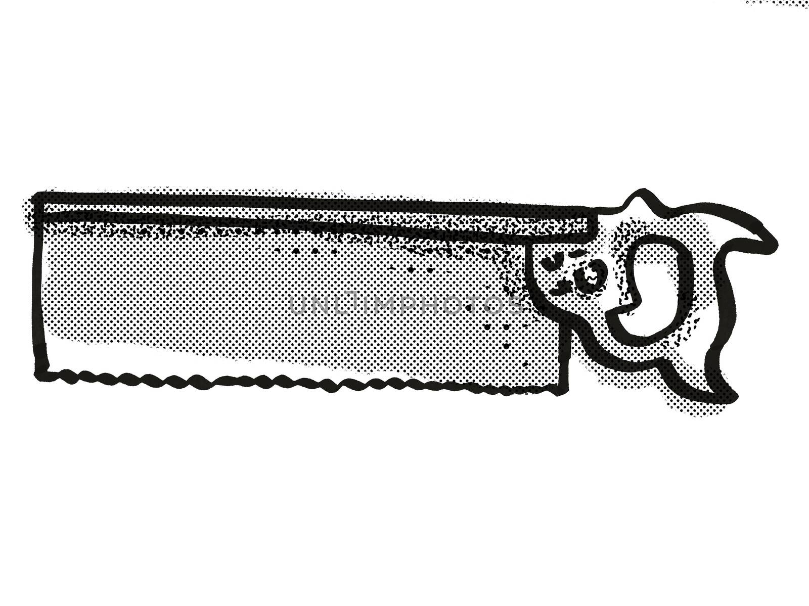 Retro cartoon style drawing of a tenon saw , a woodworking hand tool  on isolated white background done in black and white