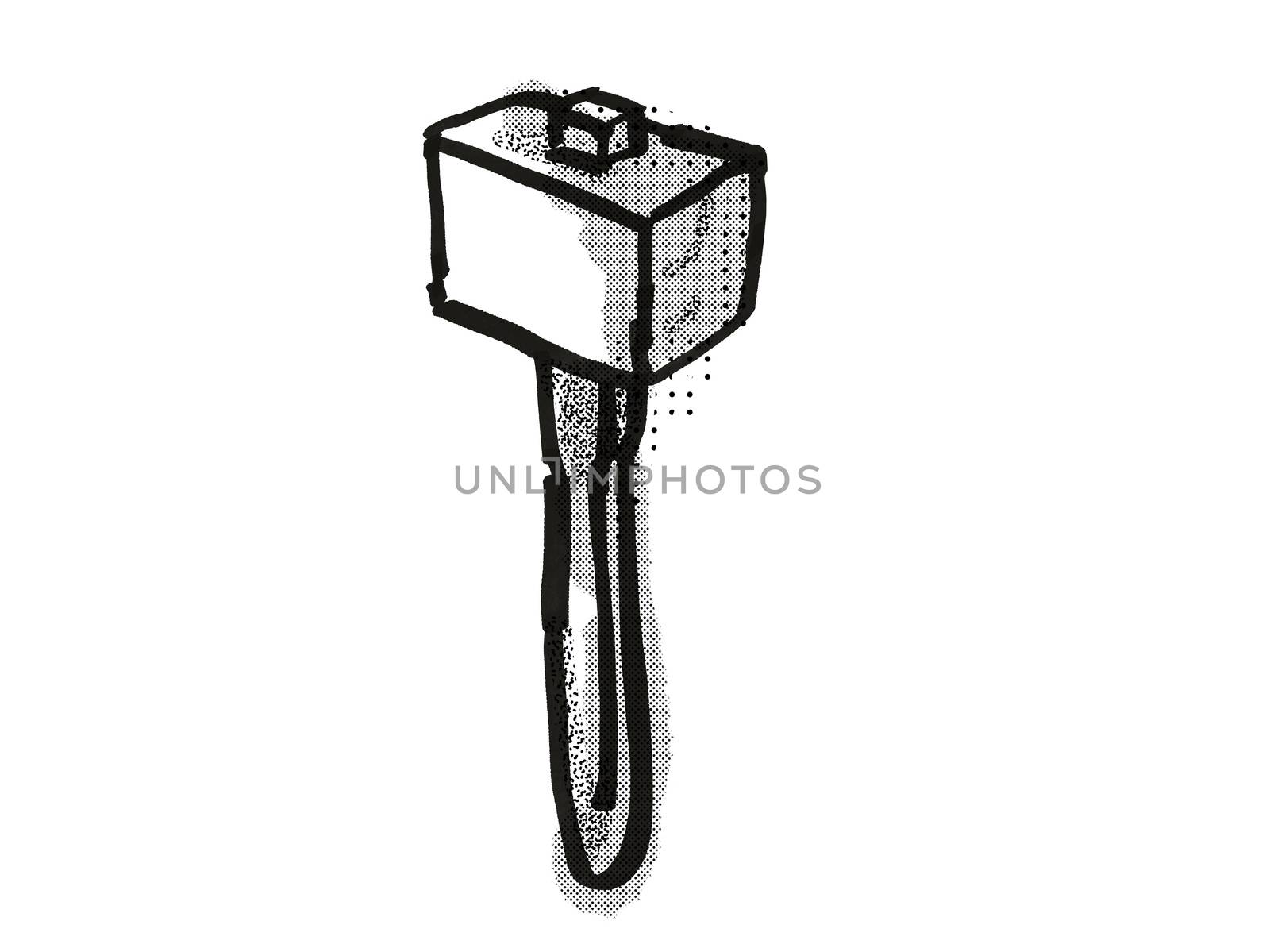 Retro cartoon style drawing of a wooden mallet , a woodworking hand tool  on isolated white background done in black and white