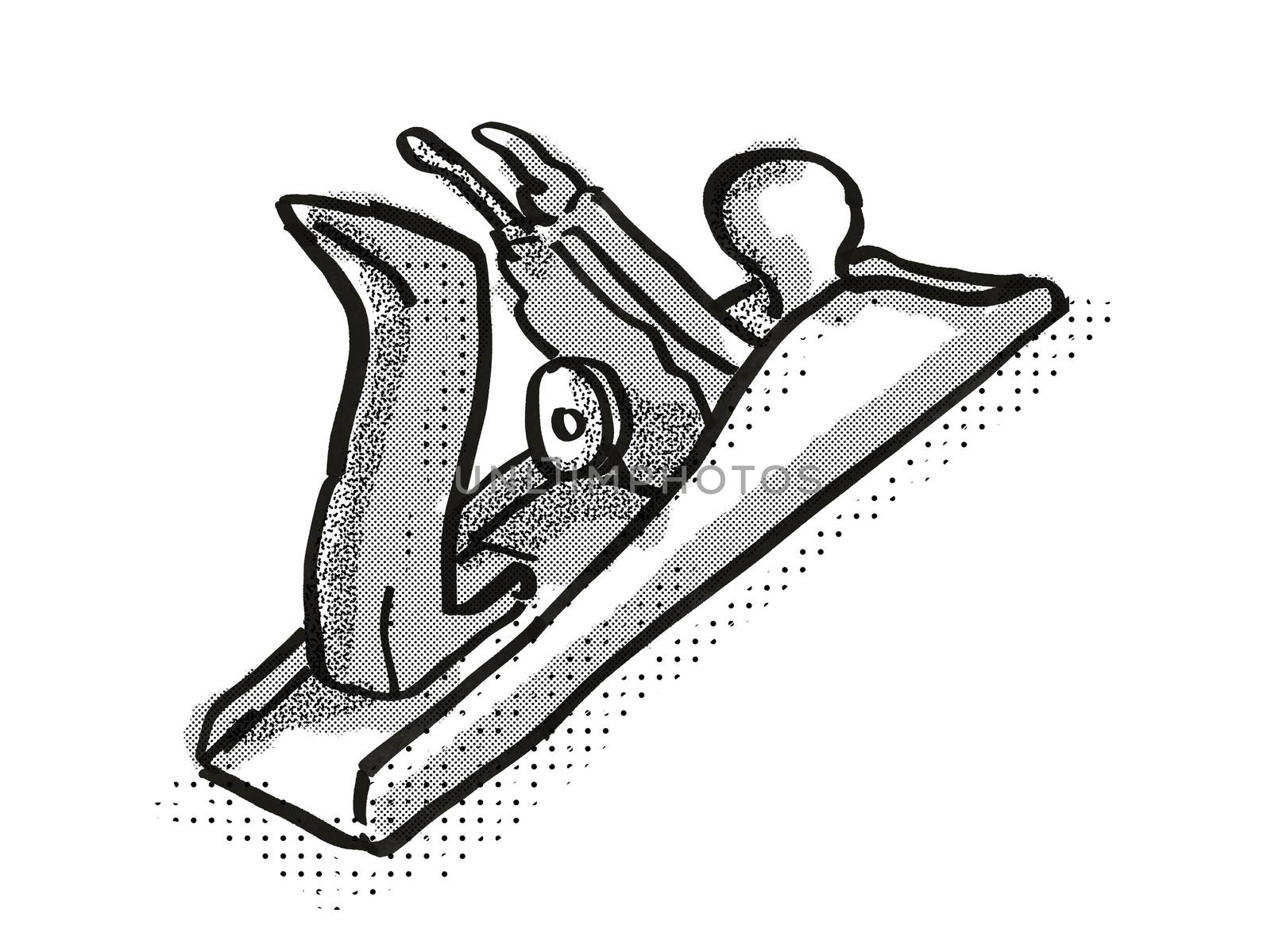 Retro cartoon style drawing of a wood smoothing plane , a woodworking hand tool  on isolated white background done in black and white