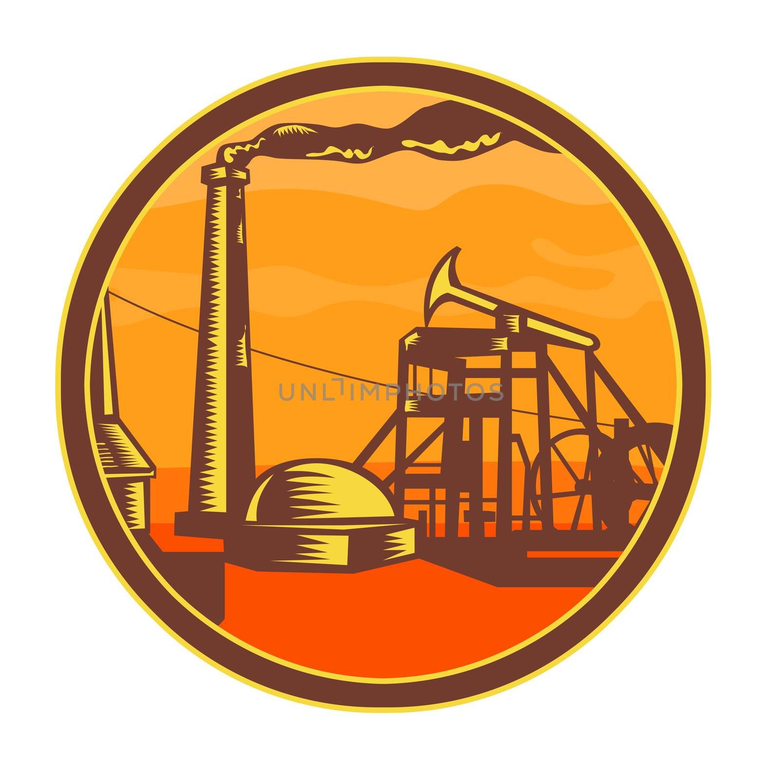 Icon retro style illustration of an industrial revolution oil well or mine head with steam engine driven pumpjack set inside circle on isolated background.