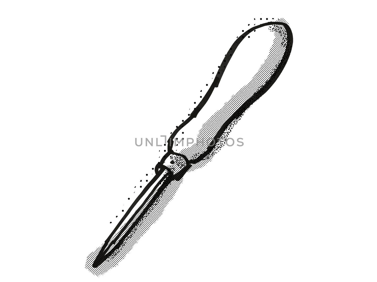 Retro cartoon style drawing of a bradawl , a woodworking hand tool  on isolated white background done in black and white