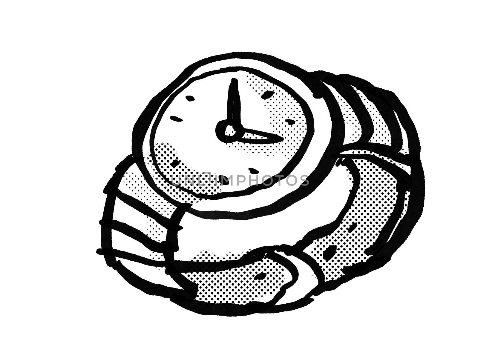 Retro cartoon style drawing of a vintage wristwatch or wrist watch on isolated white background done in black and white