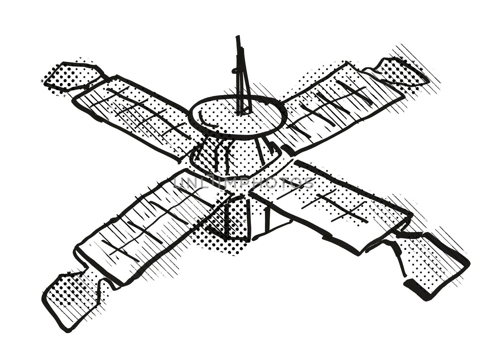 Retro cartoon style drawing of a vintage spaceprobe or space satellite on isolated white background done with half-tone dots in black and white.