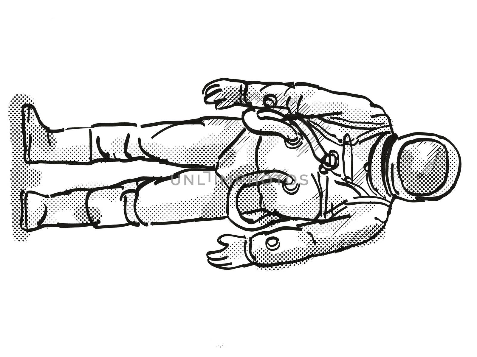 Retro cartoon style drawing of a vintage astronaut or spaceman wearing spacesuit viewed from front on isolated white background done with half-tone dots in black and white.