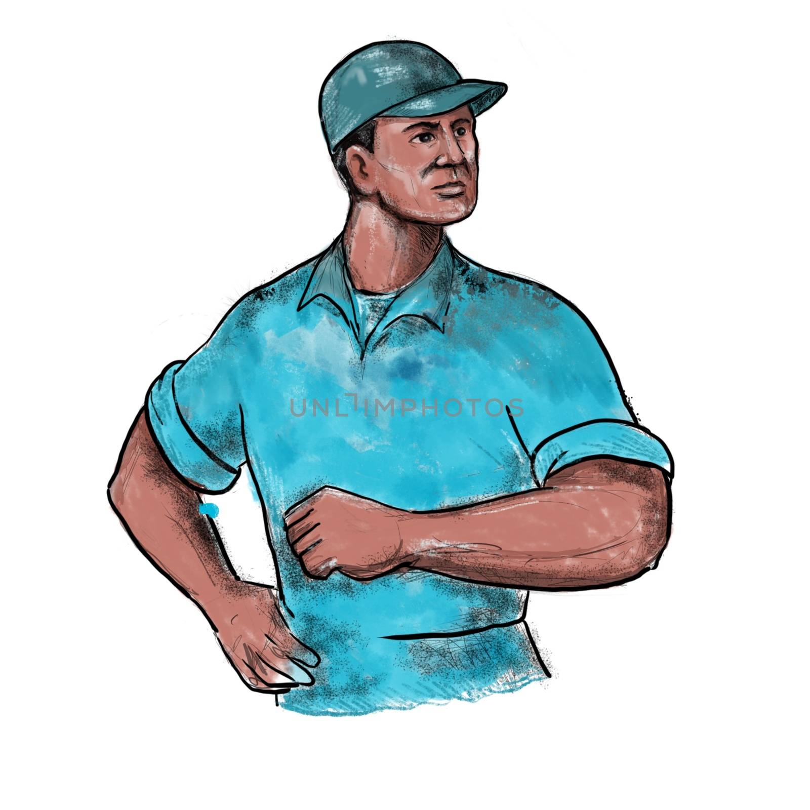 Drawing watercolor  sketch style illustration of union worker with hand on hips on isolated white background.