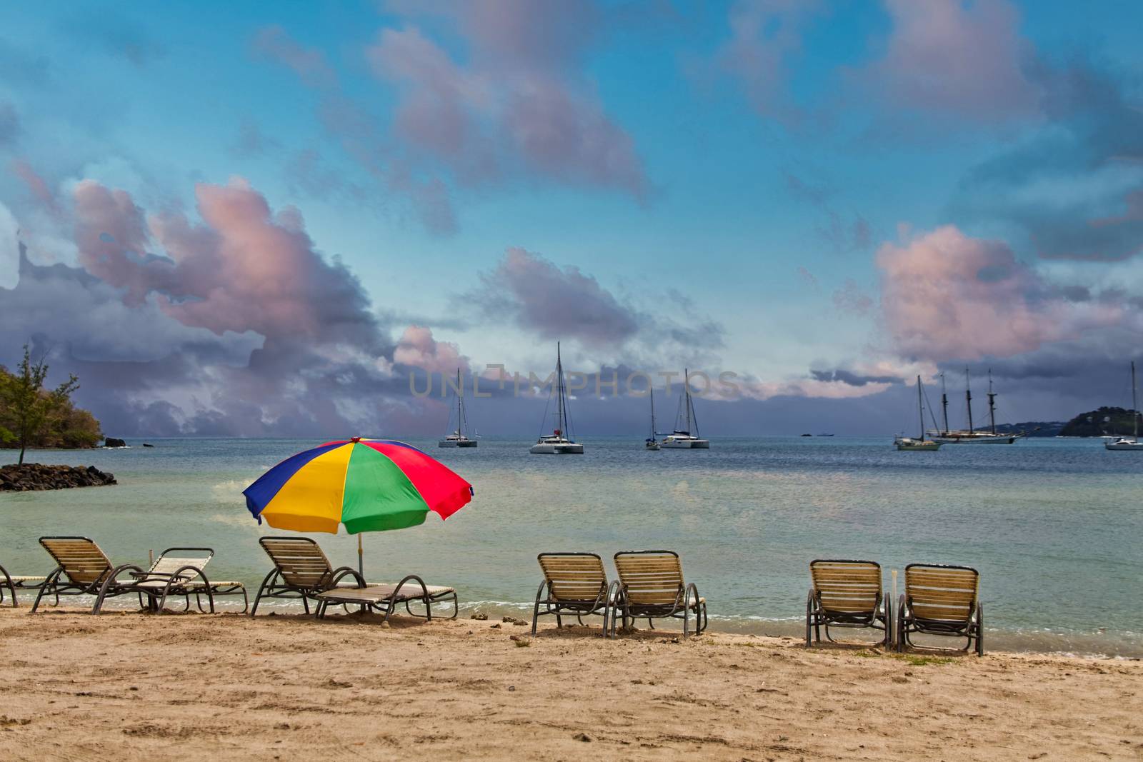 Chaise Lounges and Beach Umbrella on Saint Lucia