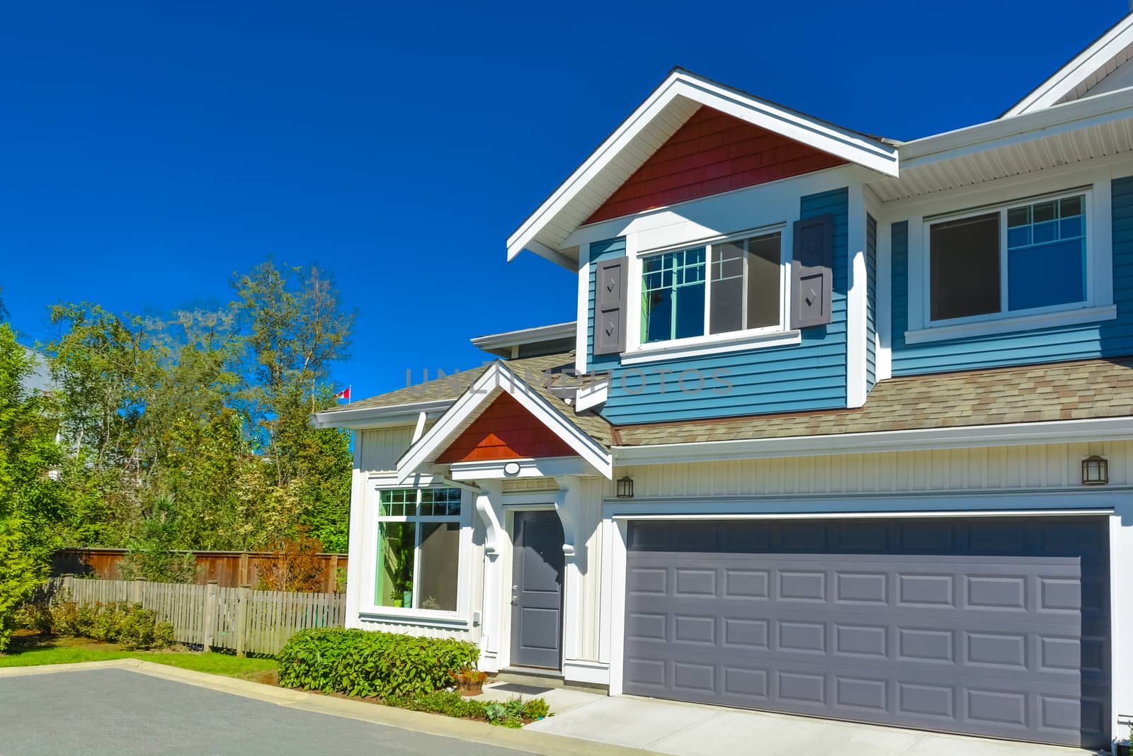 Nice and comfortable neighborhood. New homes, condos, and townhouses on a street in suburbs of Vancouver, Canada