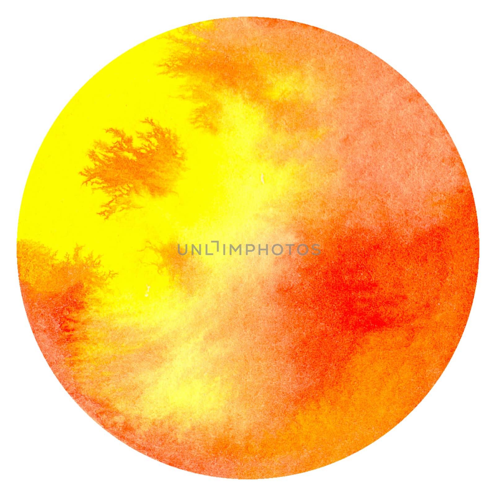 Orange abstract watercolor hand painting in circle shape for the text message background. Colorful splashing in the paper. Perfect for branding, greetings, websites, digital media, invites, weddings. by Ungamrung