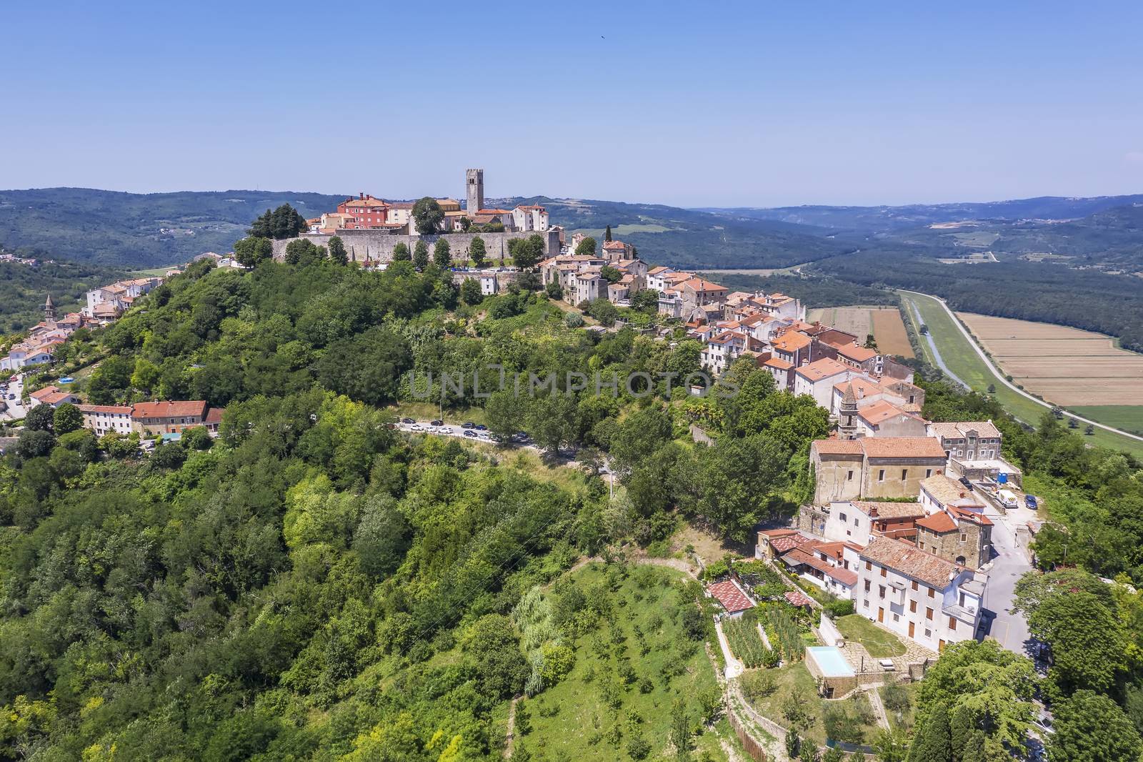 An aerial view of Motovun, settlement in central Istria, Croatia