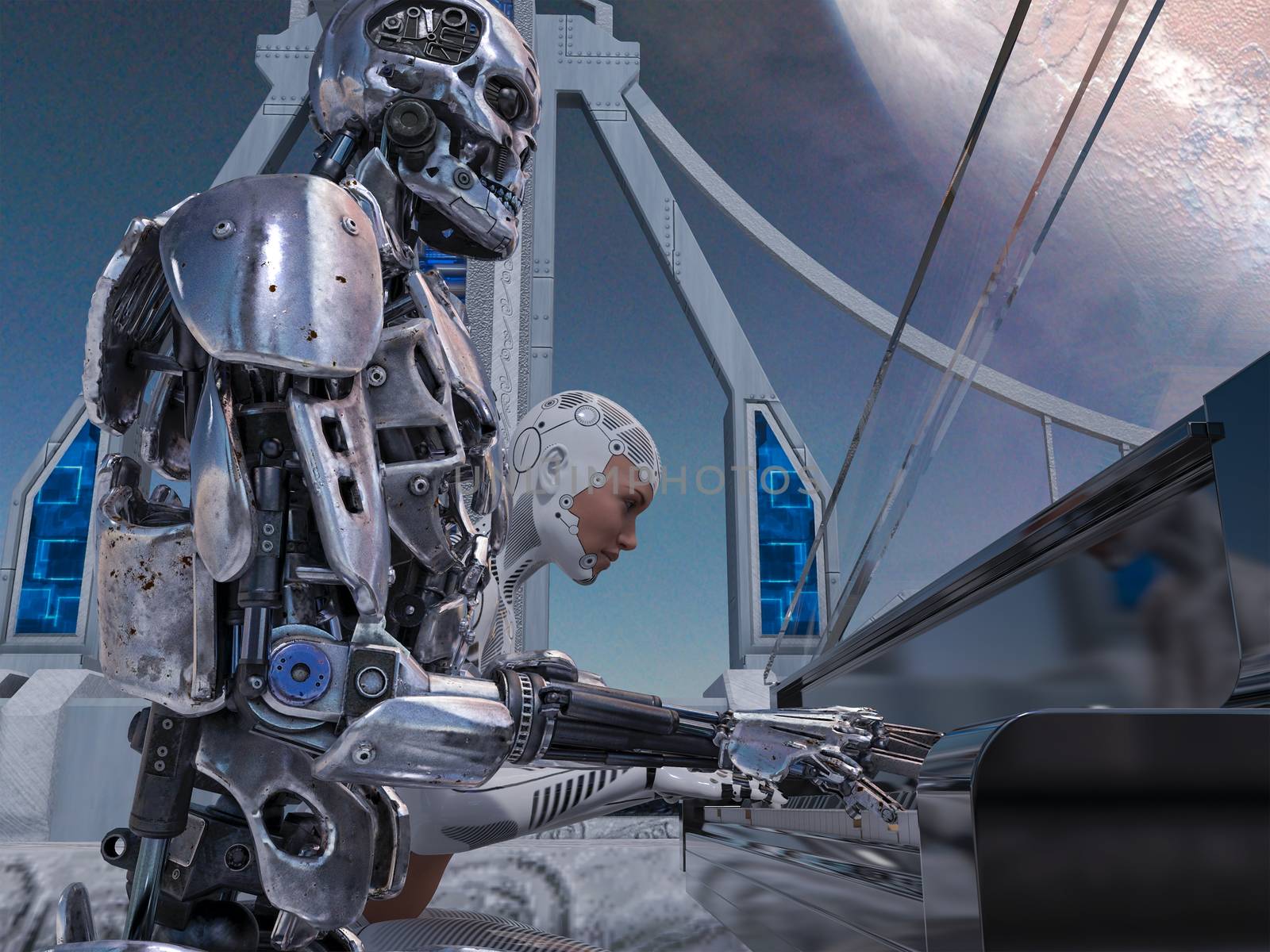 Close up of a robot and a woman playing piano with a big planet background - 3d rendering