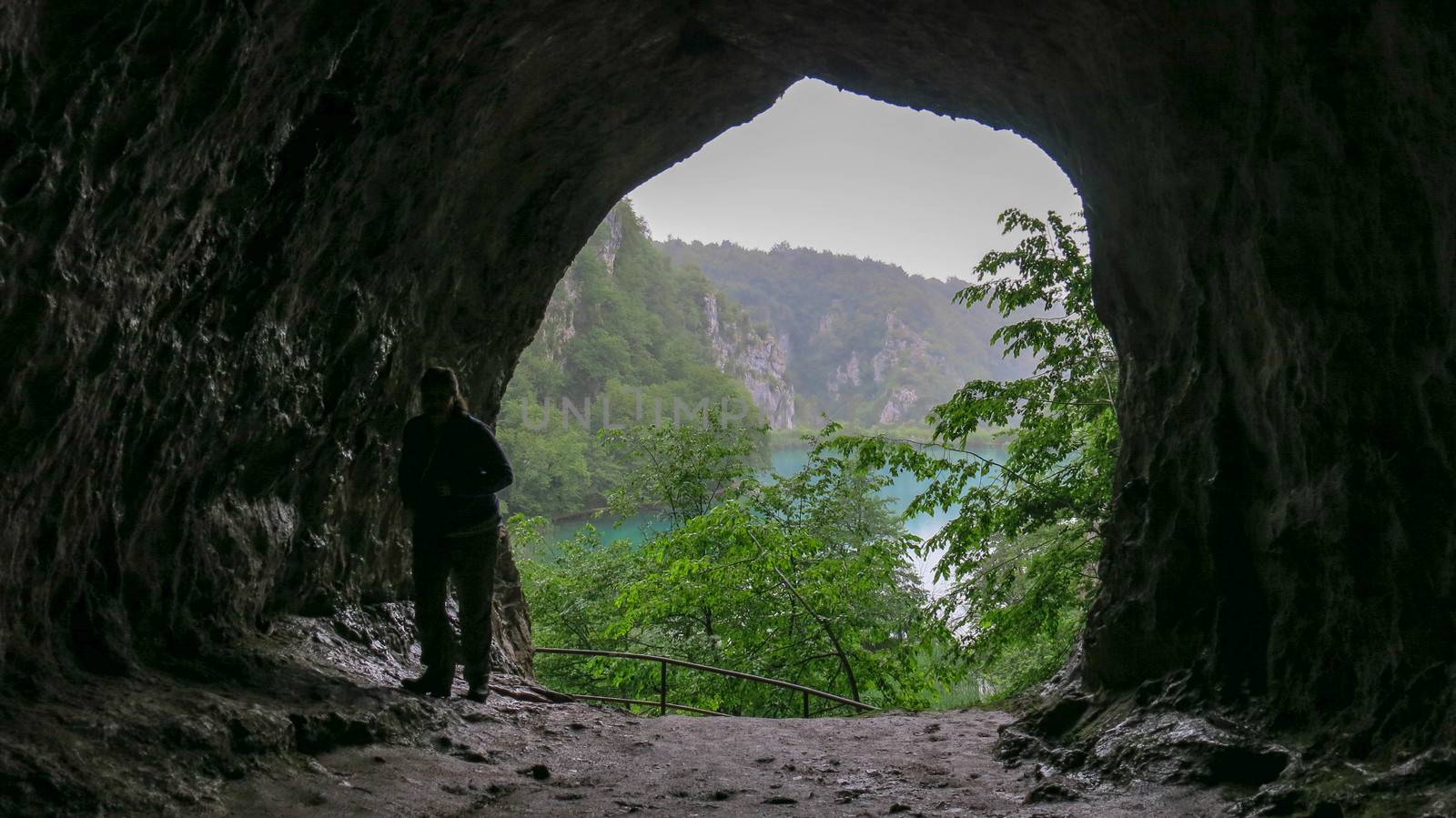 Plitvice Lakes, Croatia, July 3, 2016. Summer scenery on Plitvice Lakes, view from the cave, Croatia.