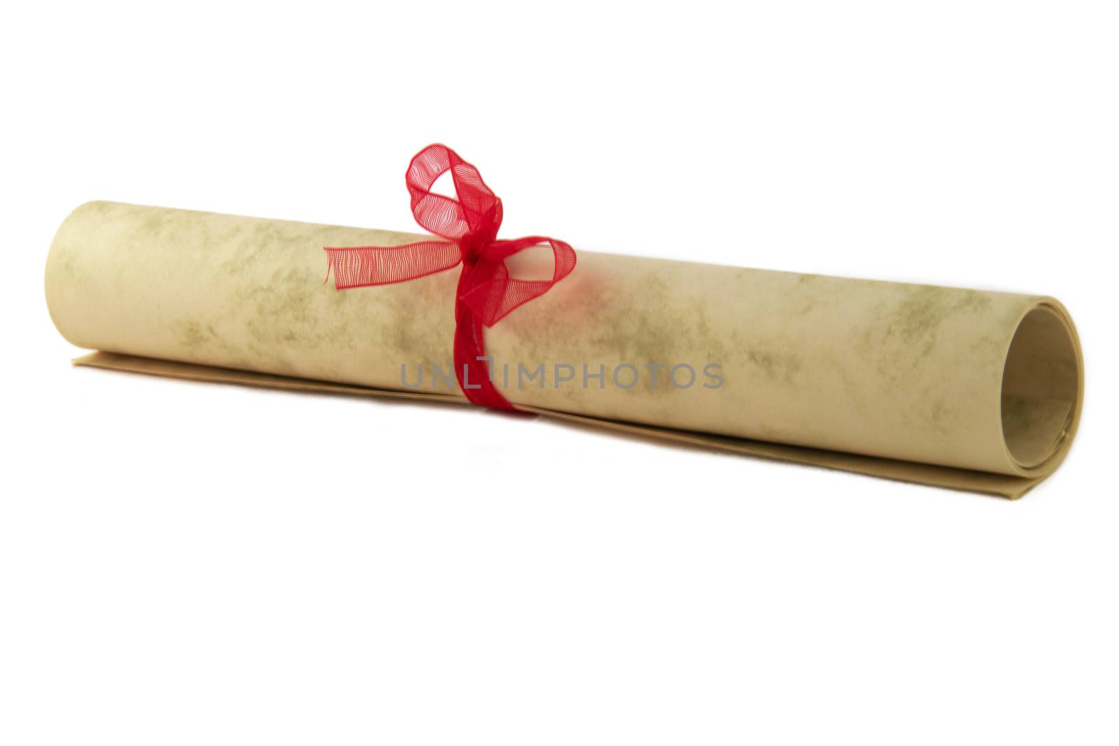 Certificate paper scroll isolated on white with bow. diploma or award document. Graduation, success achievement parchment with ribbon. College education degree rolled declaration tied with red knot.