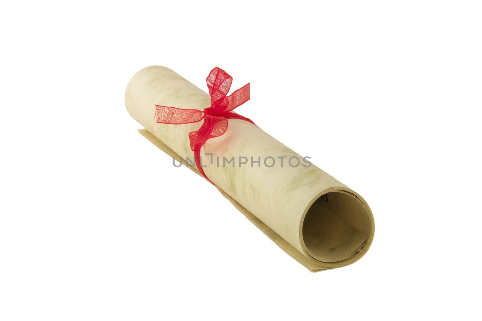 Paper scroll isolated on white with bow. Certificate diploma or award document. Graduation, success achievement parchment with ribbon. vintage wrapped tube close-up photography. old fashioned papyrus.
