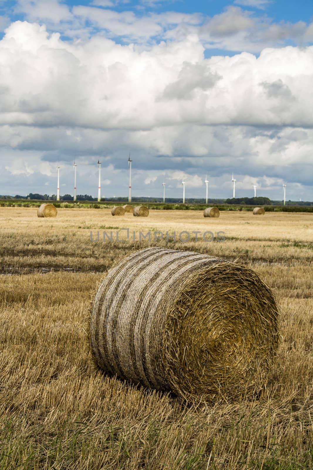 Hay bales, wind turbines, agriculture in northern Germany. by Arkadij