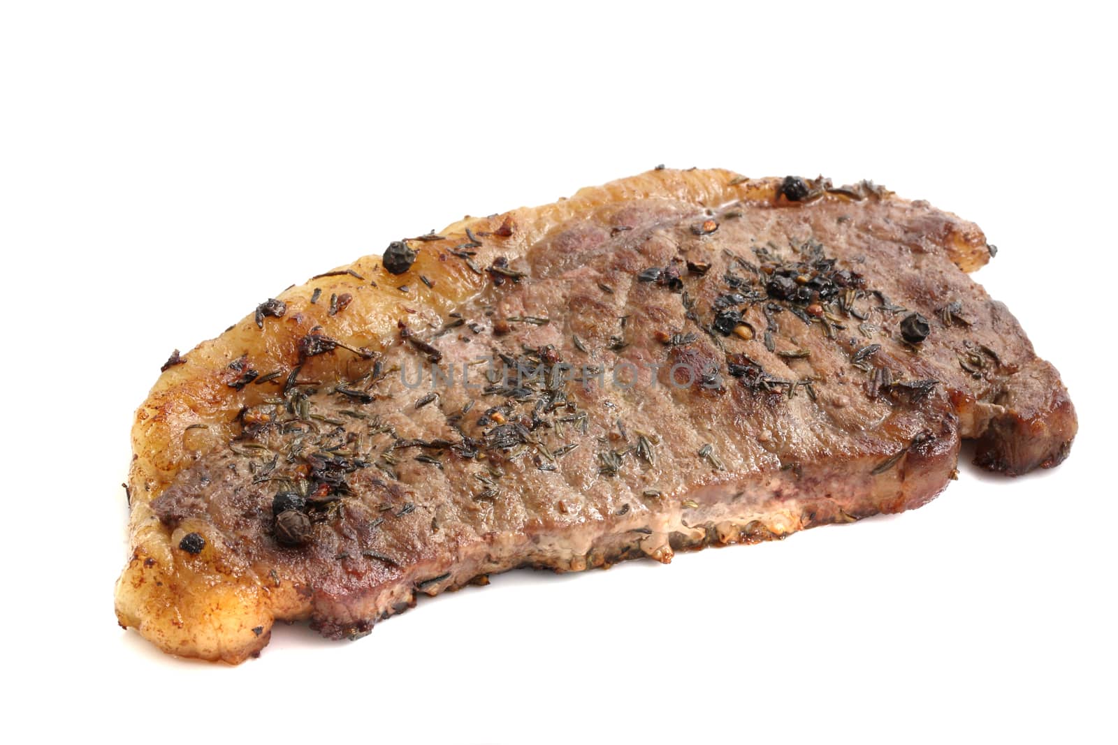 Chargrilled sirloin beef steak isolated in white background