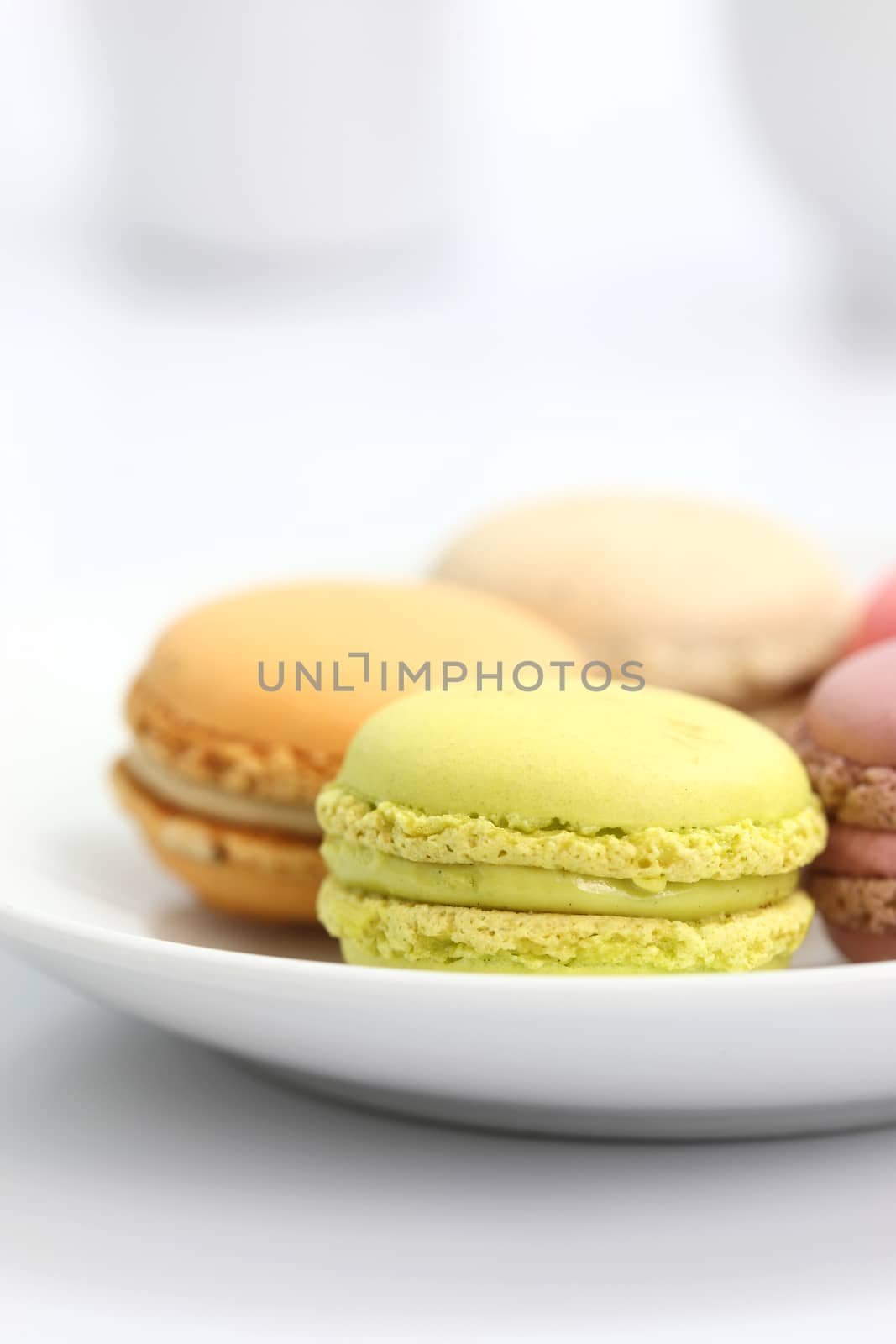 Colorful Macaron in close up isolated on white background by piyato