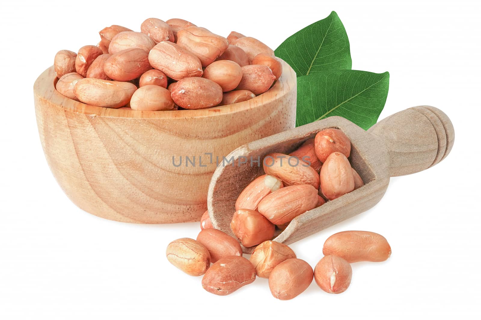 Peanuts in wooden blow natural grain seeds isolated on white background with clipping path.