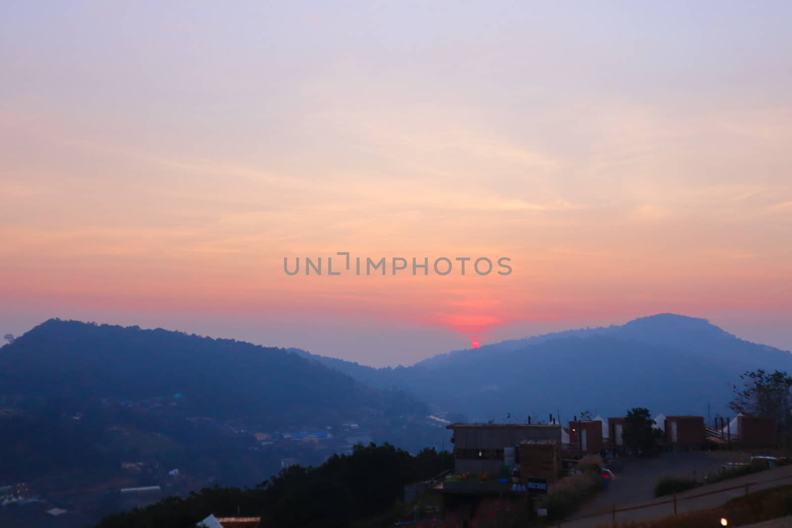 Colourful Sunset Over Panoramic Mountain in Chiang Mai, Thailand. The mountain scenery view