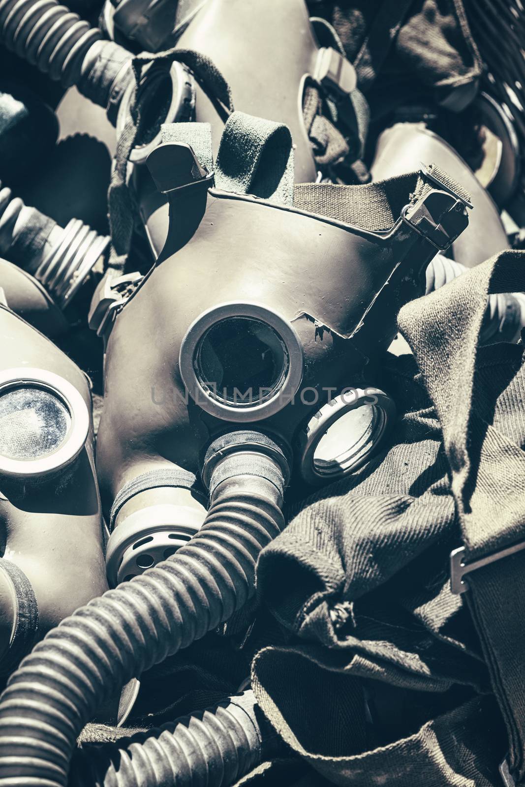 Close up background of old vintage protective gas respirator masks on retail display