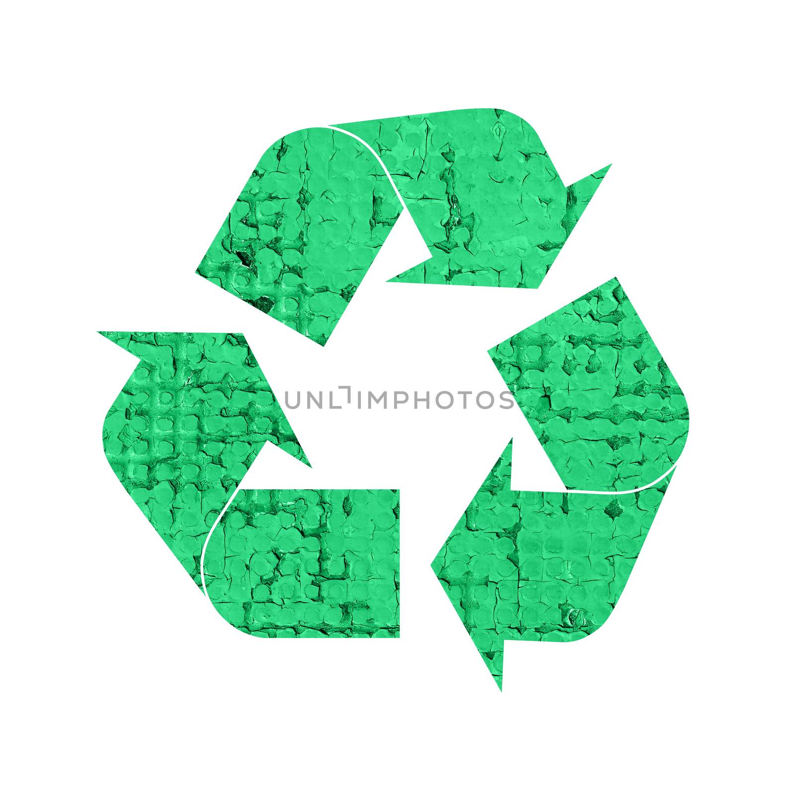 Illustration of recycling symbol with grunge green run down construction material texture isolated on white background