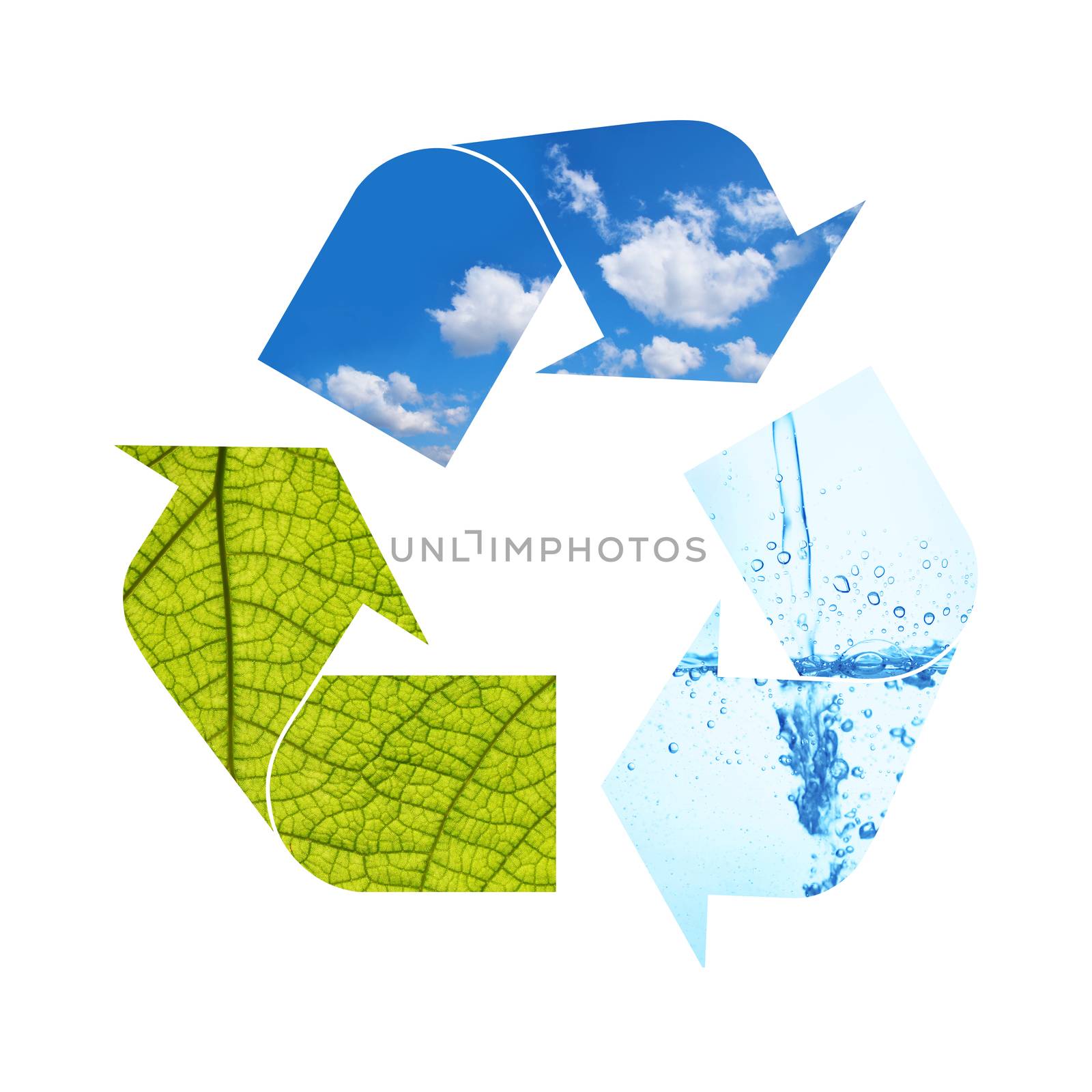 Illustration recycling symbol of nature elements, green foliage, blue sky and water isolated on white background
