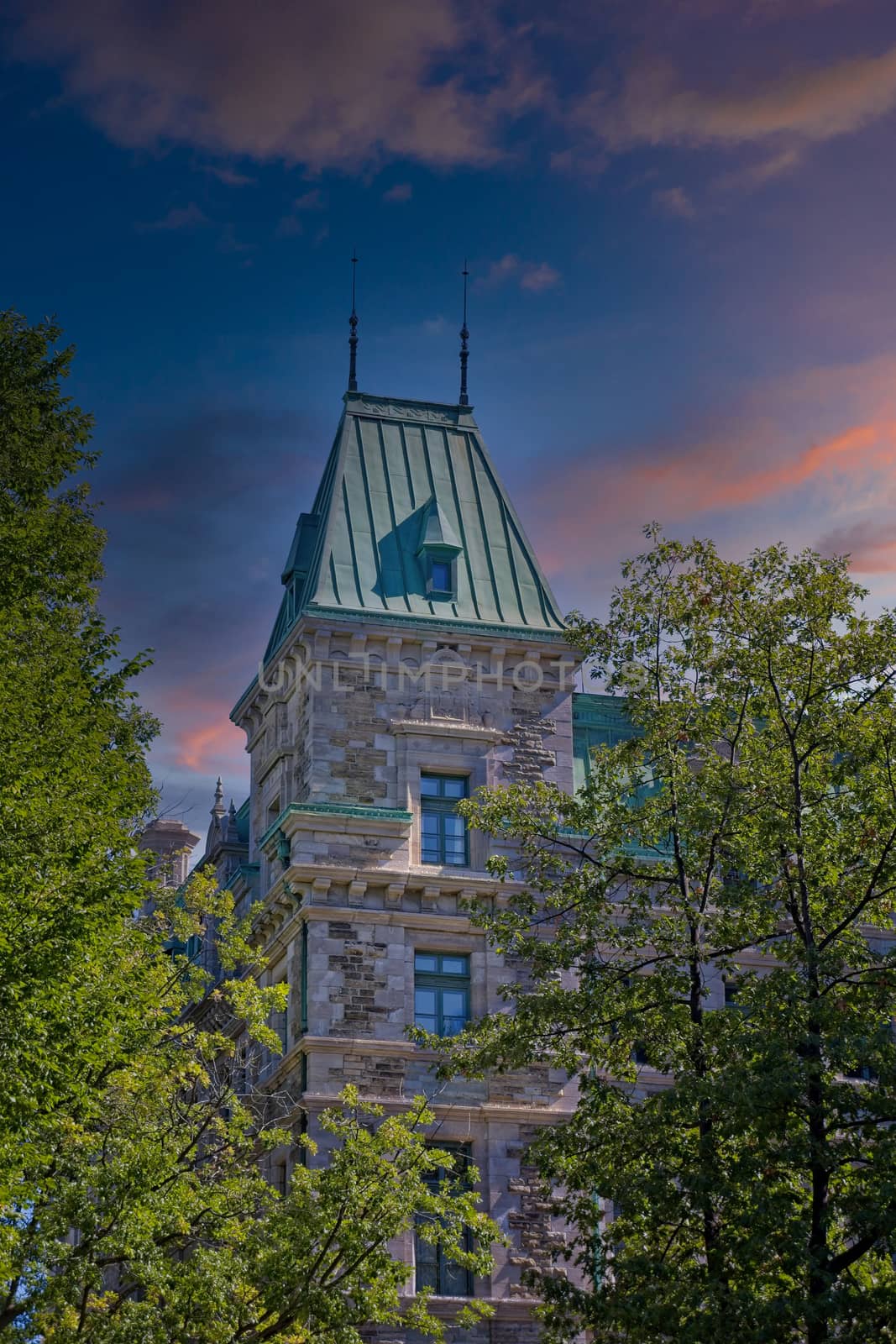 Old Stone Tower with Green Roof in Quebec