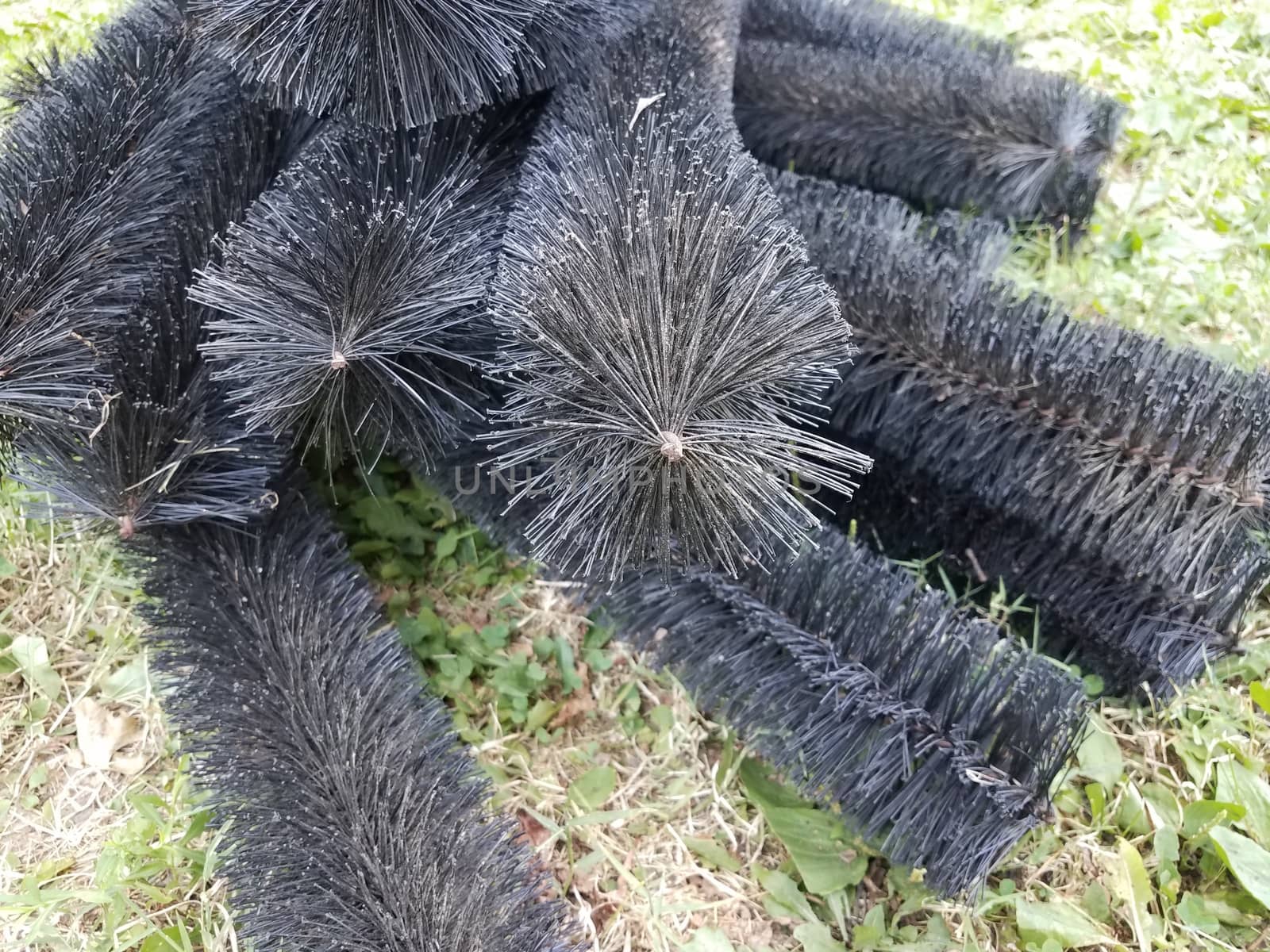 black pipe cleaner for gutters in green grass or lawn