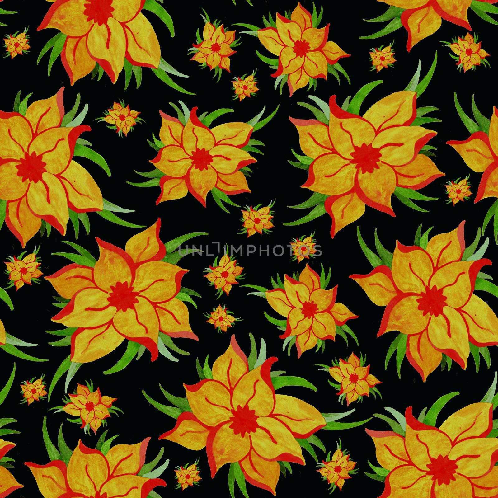 Seamless abstract color pattern with watercolor flowers, dark background