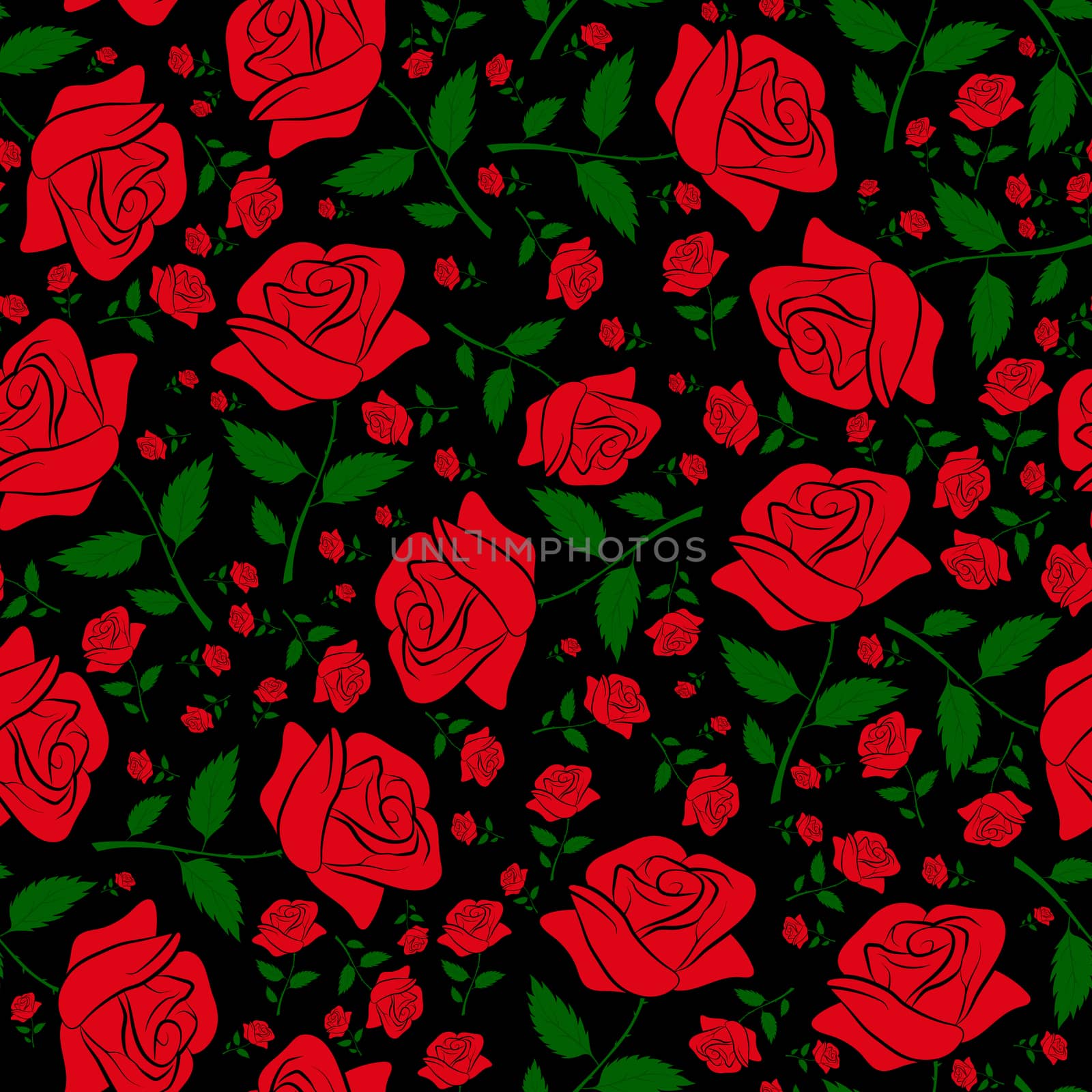 Seamless floral pattern of red roses on a black background