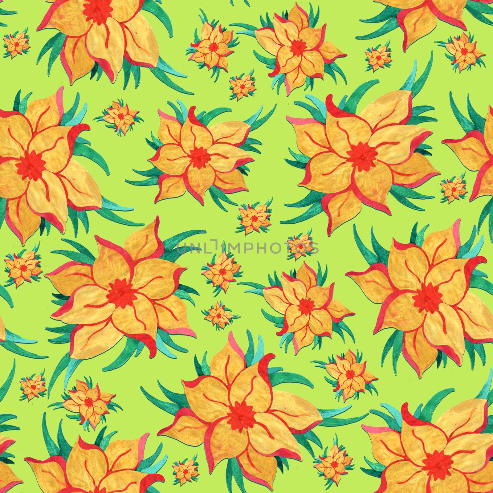 Seamless abstract pattern with watercolor flowers, green backgro by Grommik