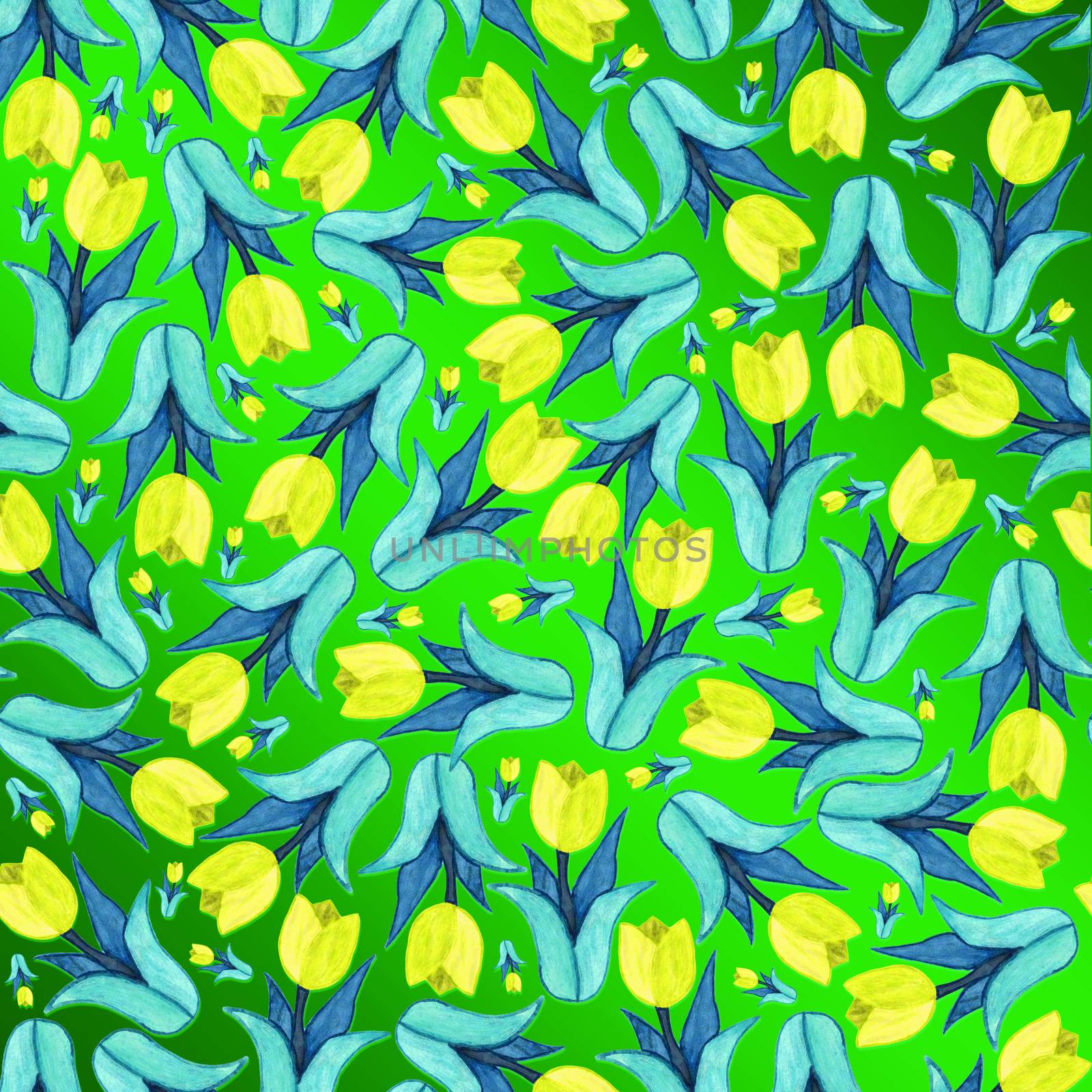 Seamless floral watercolor pattern of yellow tulips, green background