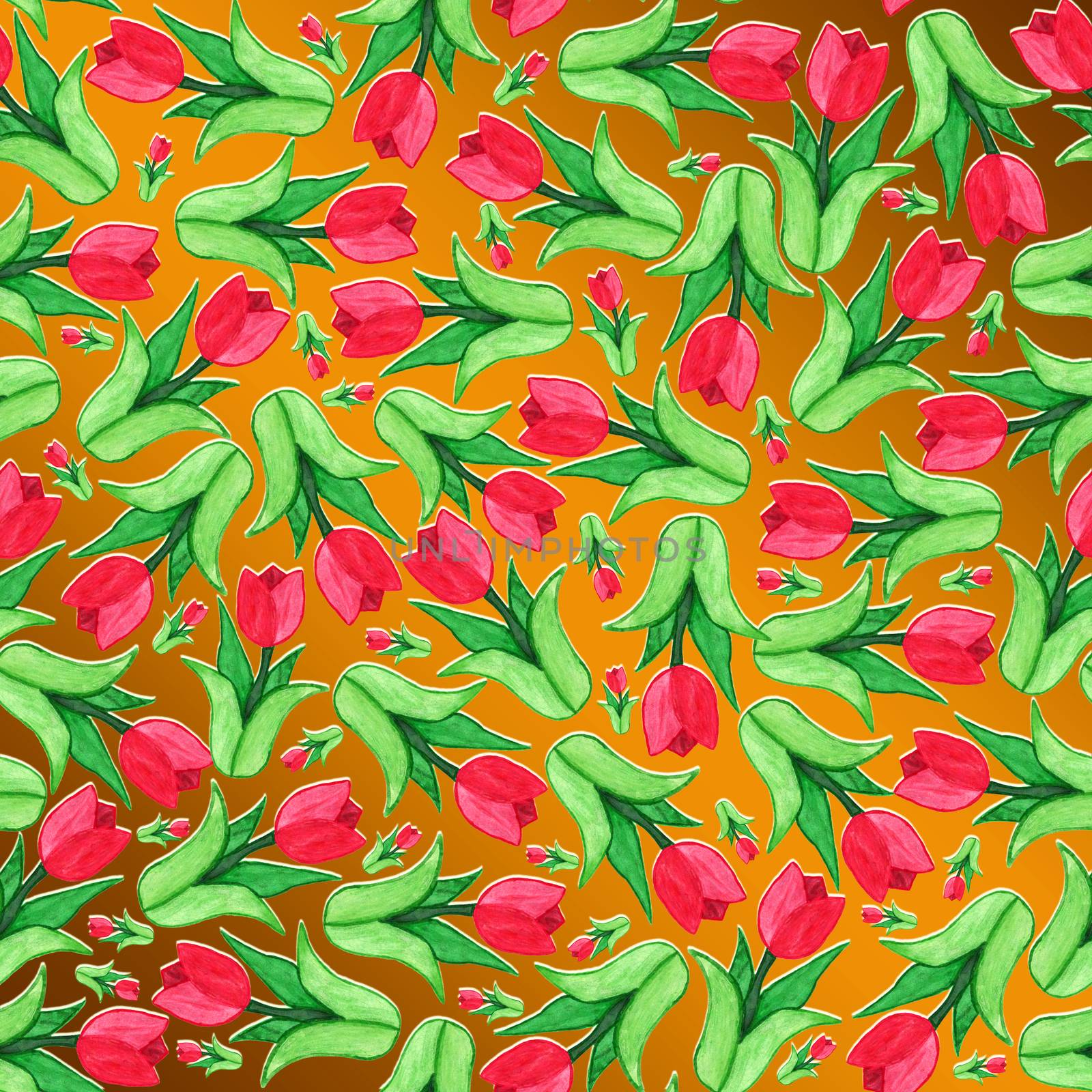 Seamless floral watercolor pattern of red tulips