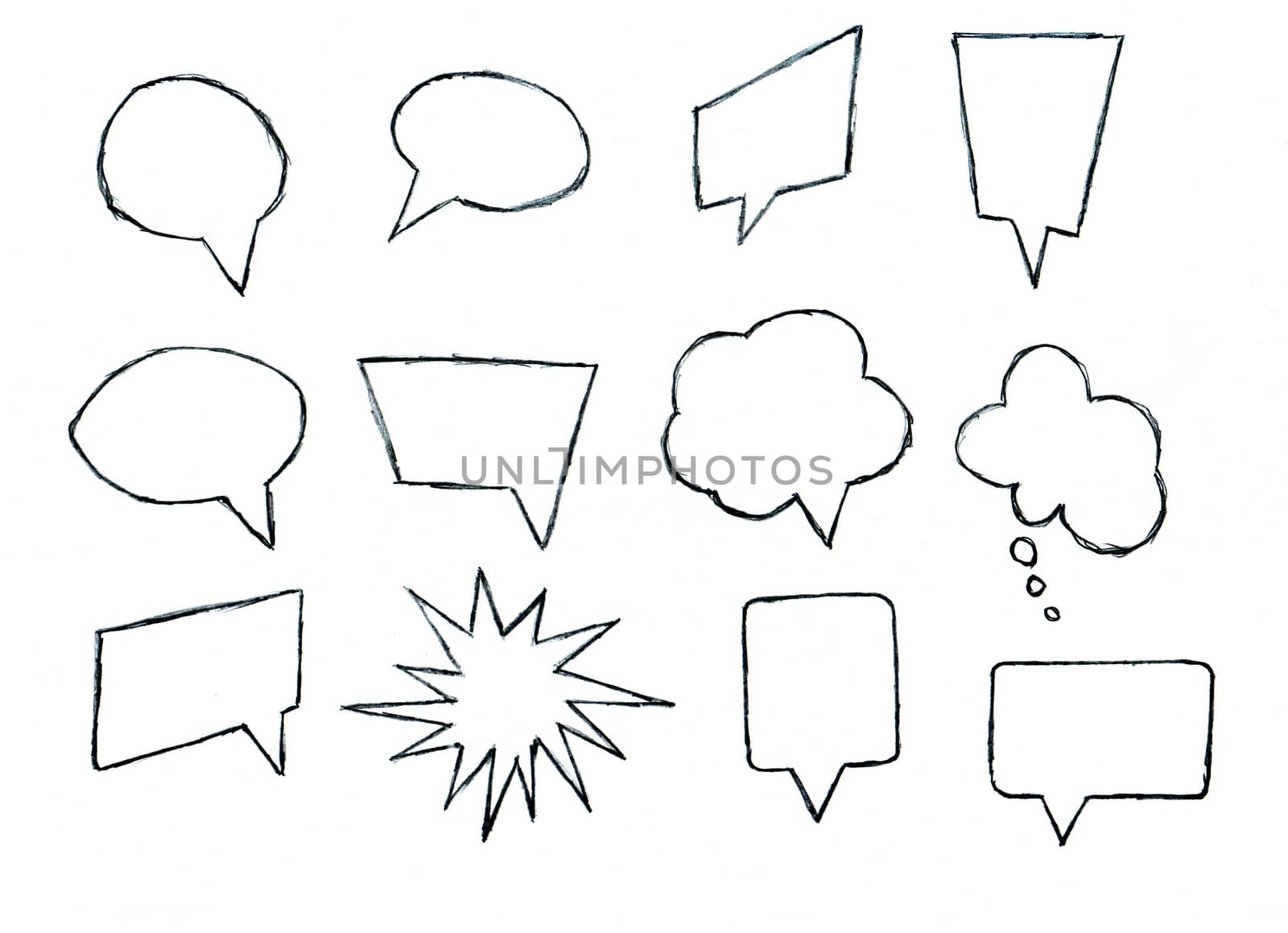 Set of pencil-drawn speech bubbles for design and decoration of chat dialogues animation or comics, flat design