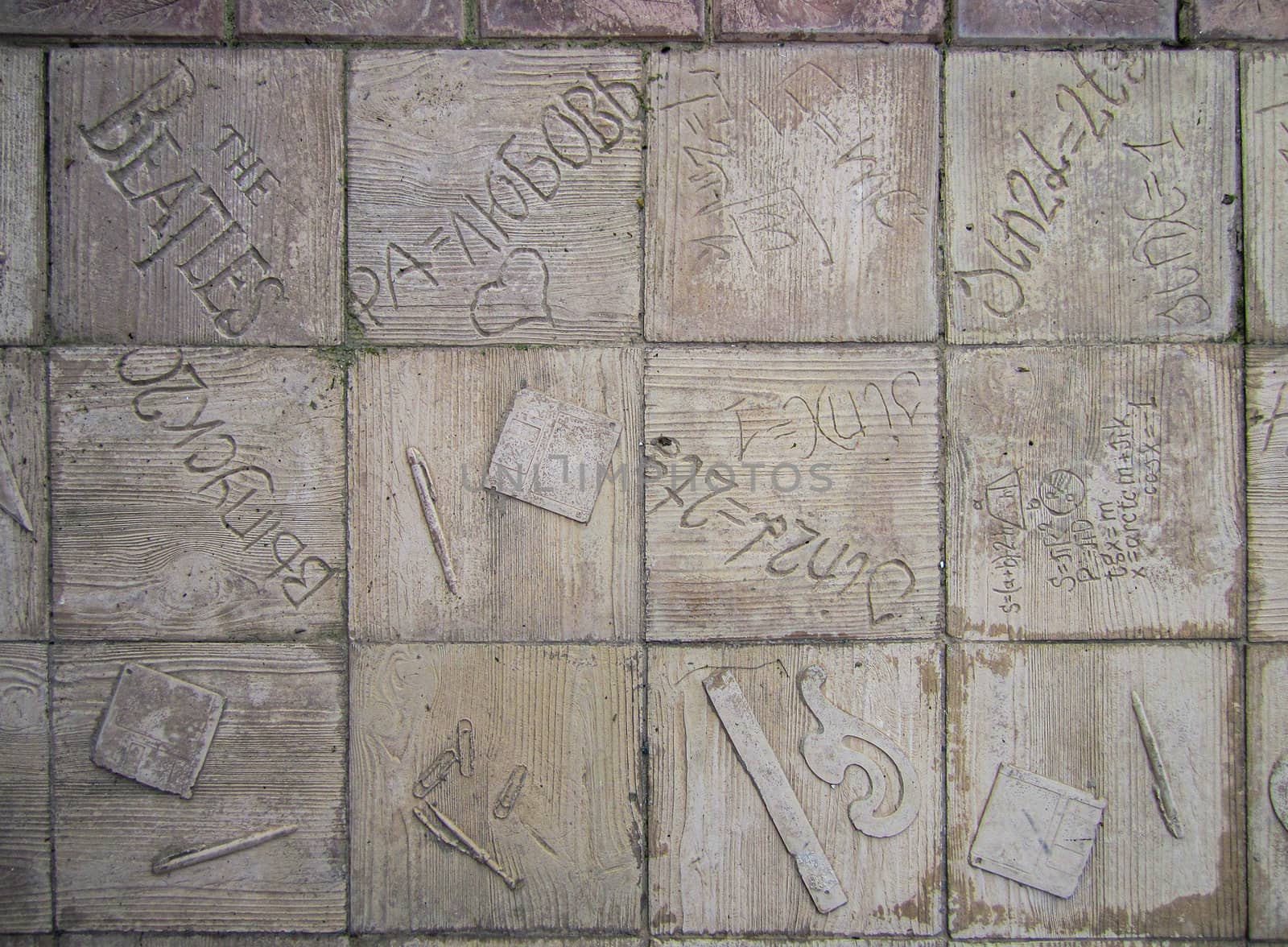 Ukraine, Sevastopol-13.06.2013: paving slabs with a creative drawing of words in different languages and objects                            