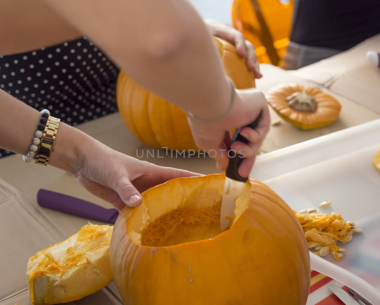 Process of carving pumpkin to make Jack-o-lantern. Creating traditional decoration for Halloween and Thanksgiving. Cutted orange pumpkin lay on table in woman hands. by Henkeova