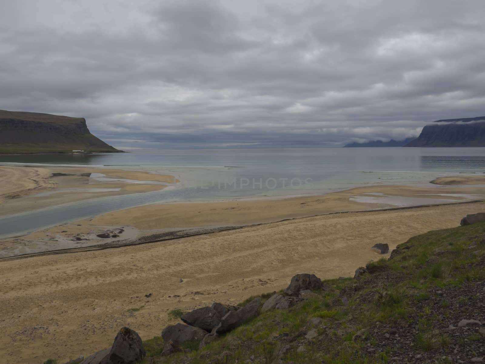 view on pink beige sand beach and green grass and stone shore in iceland west fjords with green cliff and ocean, river delta and moody sky background