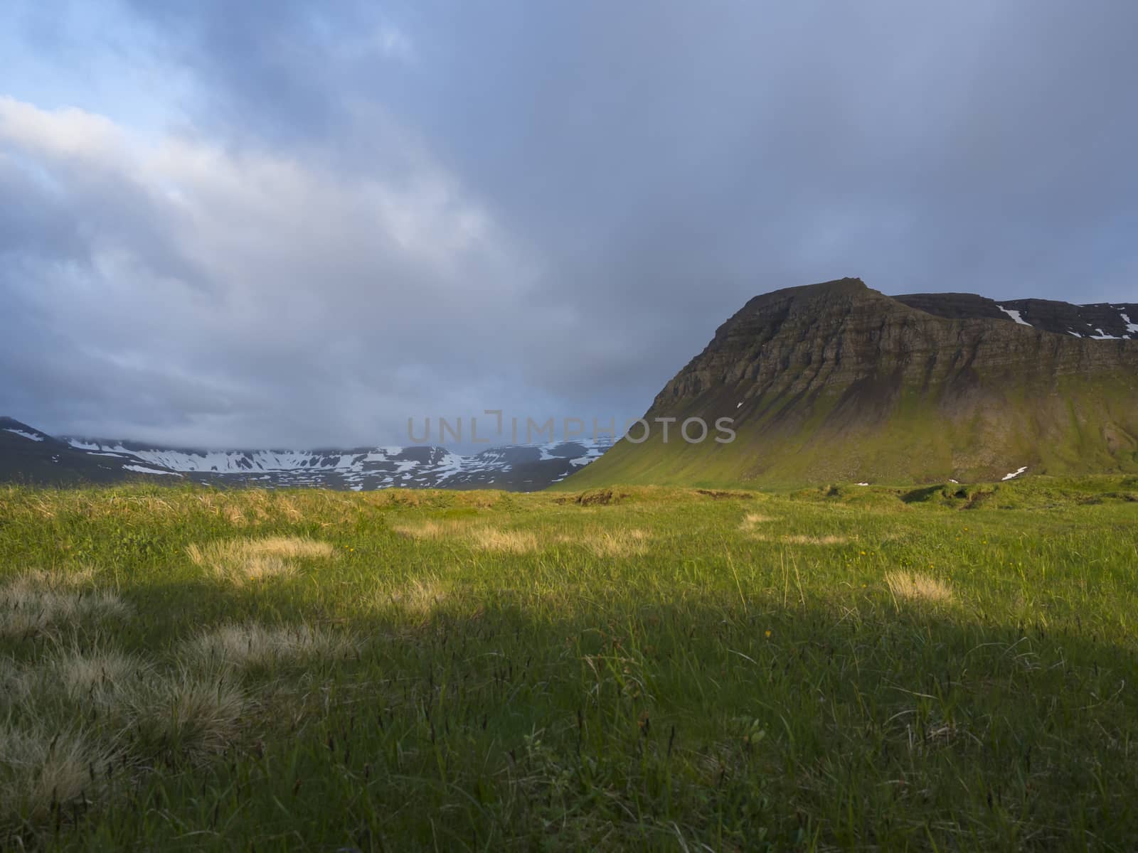 View on beautiful snow covered cliffs mountain and hills in Fljotavik cove, Hornstrandir, west fjords, Iceland, with green grass meadow, golden hour light, blue sky background