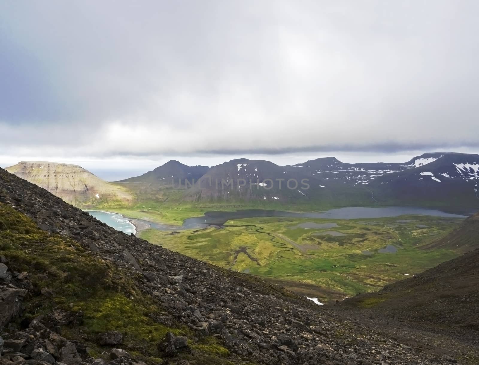 Northern summer landscape, View on beautiful snow covered cliffs and fljotsvatn lake in Fljotavik cove in Hornstrandir, west fjords, Iceland, with river stream, green grass meadow, moody sky background by Henkeova