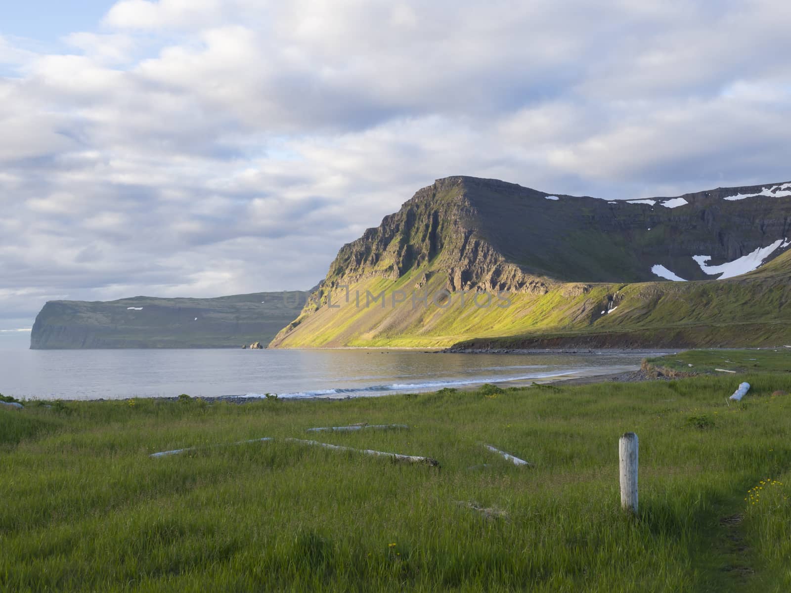 Hloduvik cove sea shore with green grass meadow, Skalarkambur mountain, wooden logs and footpath, blue sky white clouds background, Hornstrandir, west fjords, Iceland by Henkeova