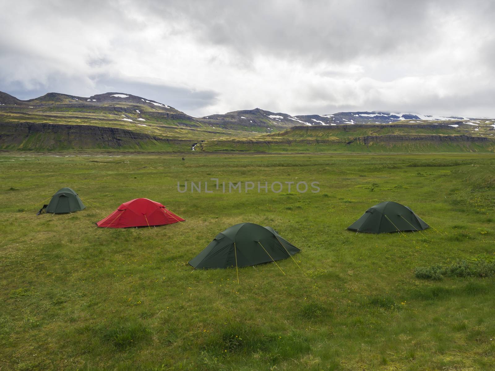 Hornvik campsite with three green tents and one red and view on beautiful Hornbjarg cliffs in remote nature reserve with green meadow, waterfall and hills, blue sea and moody sky, Iceland, west fjords Hornstrandir.