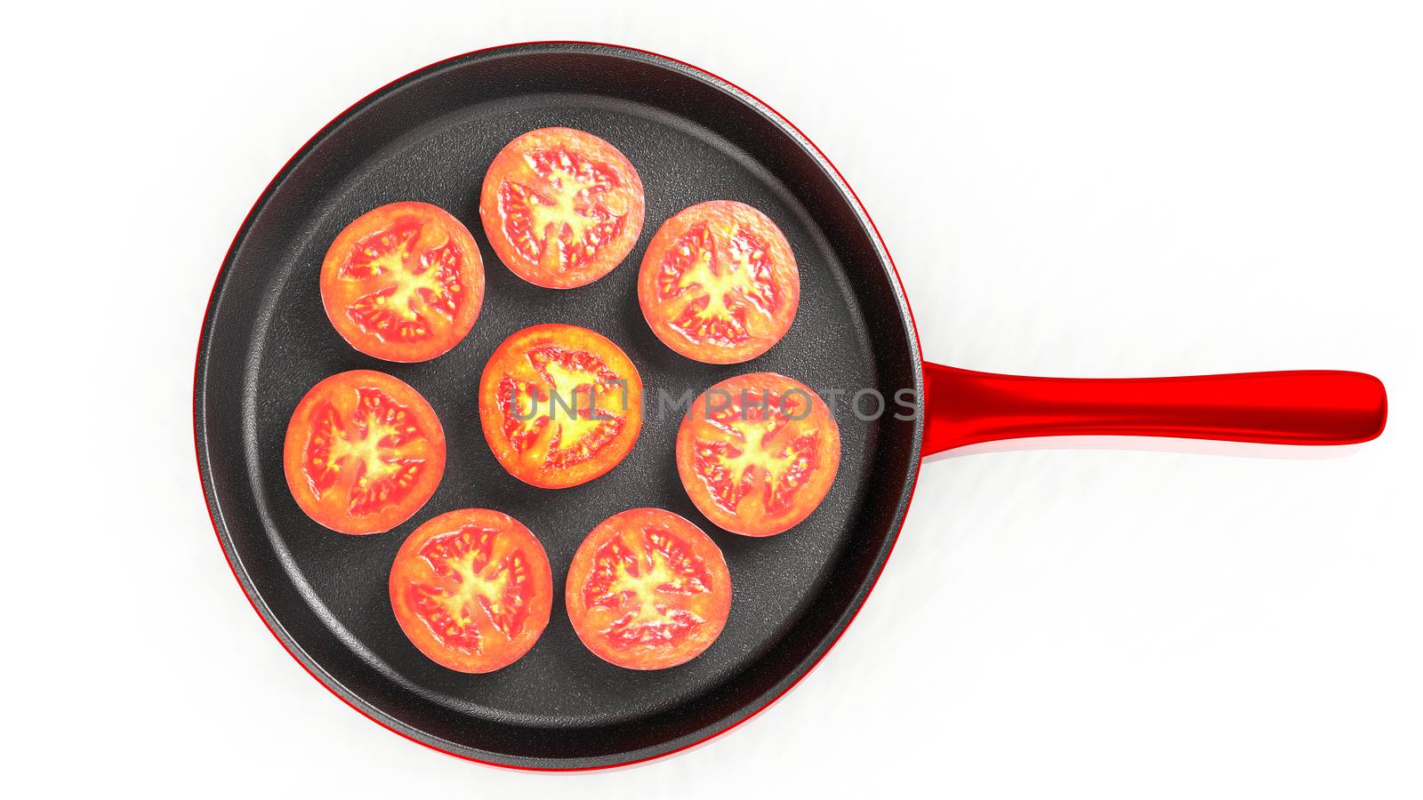 Cooking pan containing eight slices of red tomatoes. Cut slats positioned circulary. Represents the preparation of a meal based on cooked tomatoes. 3D Rendering