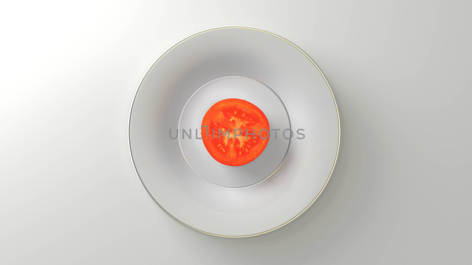 The Golden white plate containing a tomato, cut in half. Represent the service of a dish of tomatoes. Symbolizes the lack of food or the simplicity of a minimalist meal. Can evoke a diet. 3D rendering